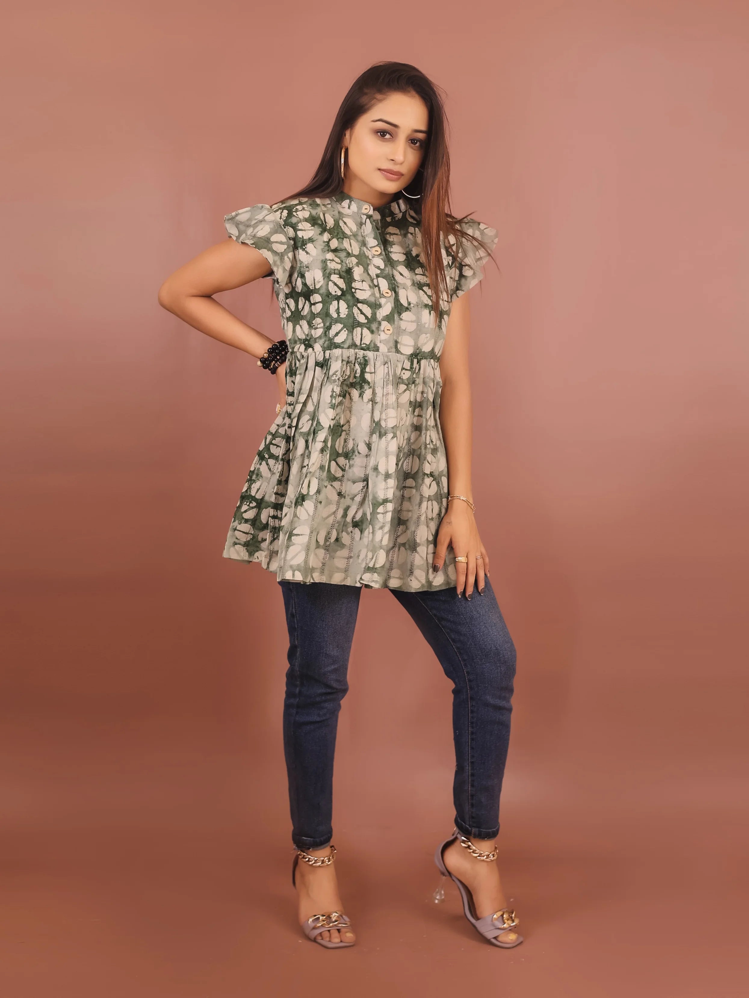 GREEN AND BEIGE VISCOSE HAND BATIK PRINTED TUNIC