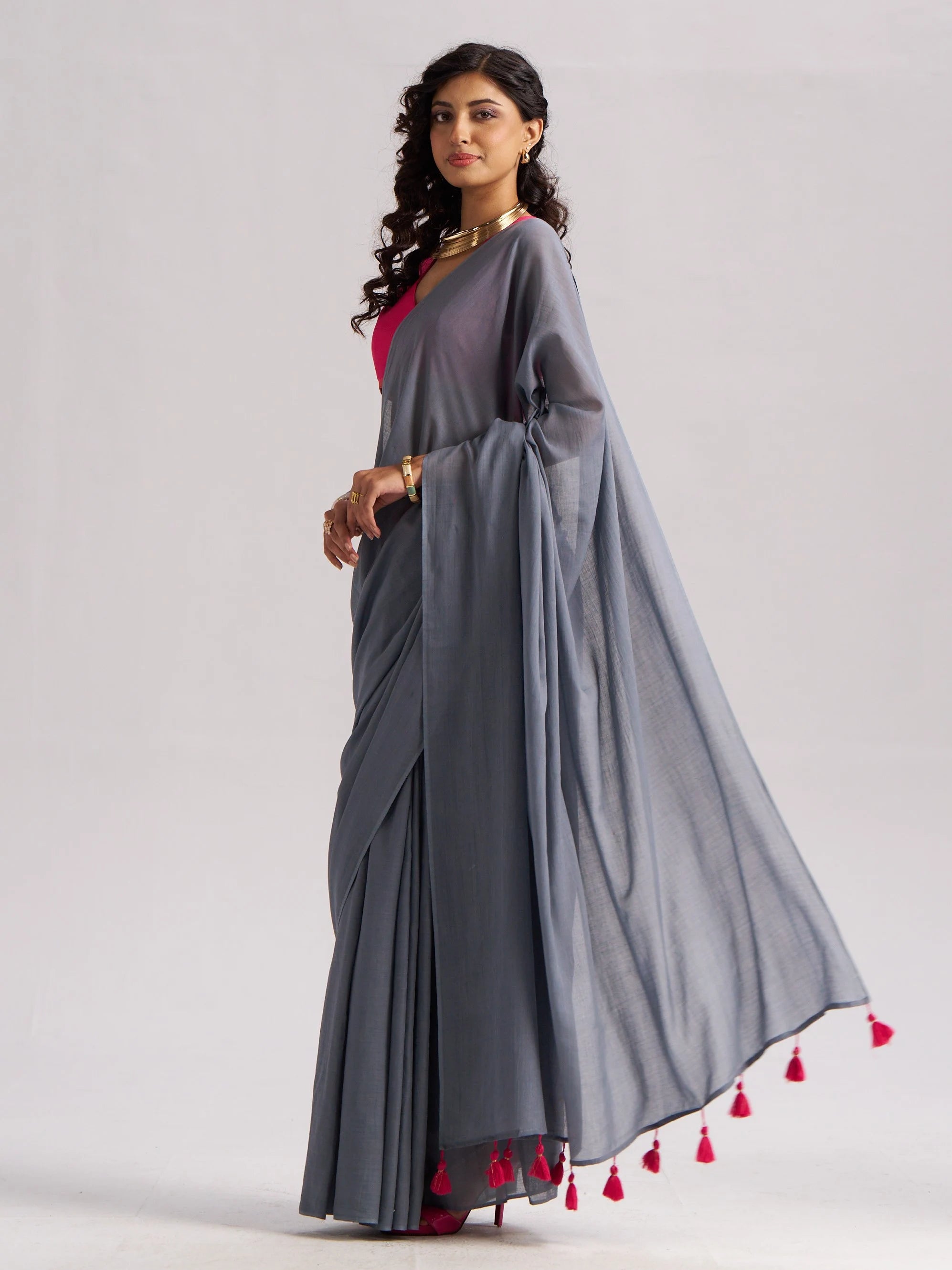 VISCOSE MUL LIVA SOLID SAREE WITH BLOUSE