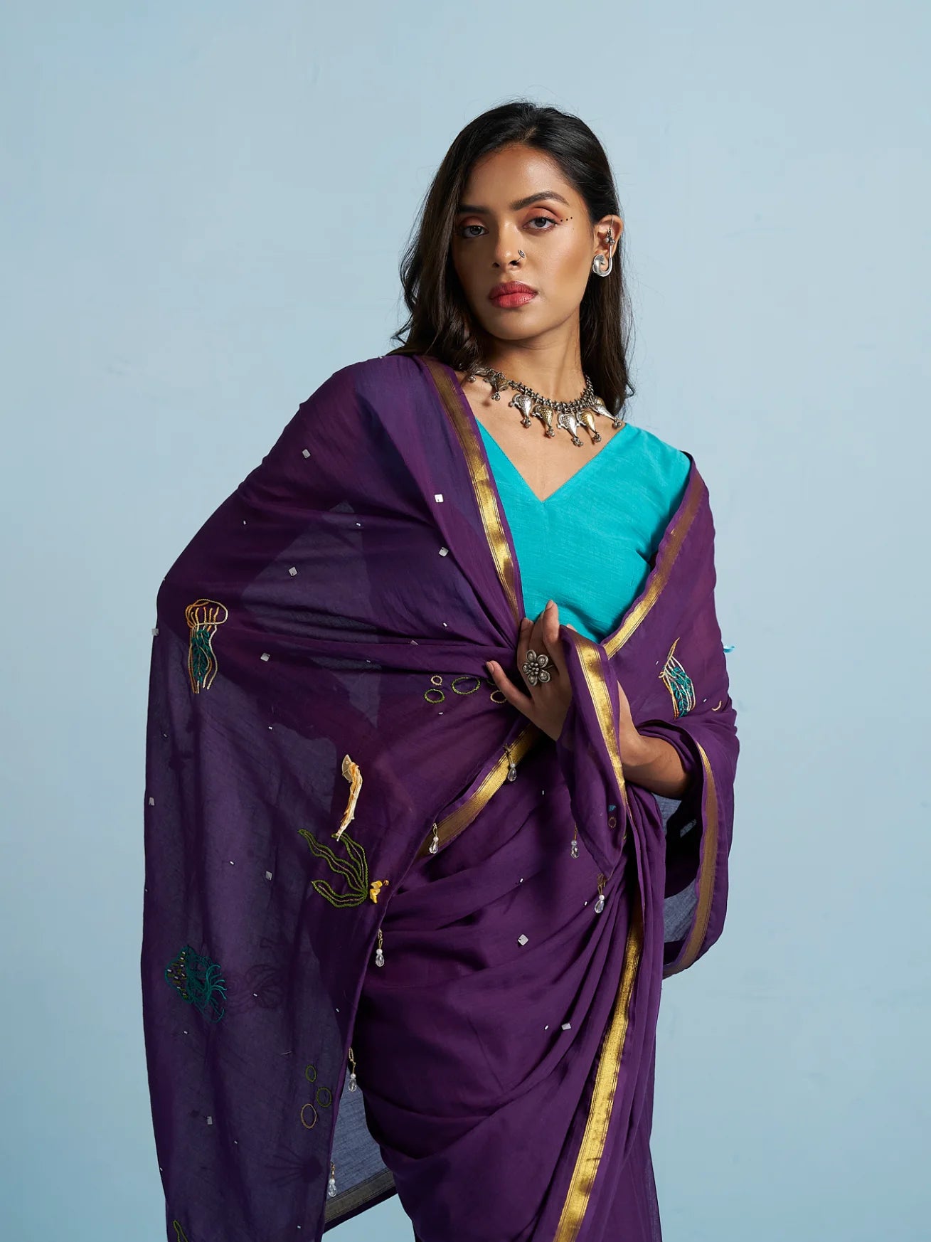 VISCOSE MUL AQUA SAREE WITH BLOUSE