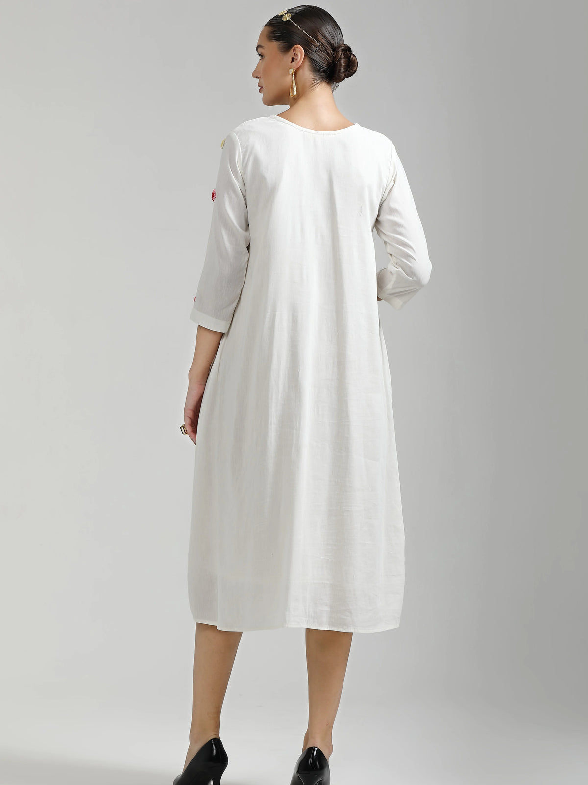 WHITE LIVA VISCOSE MULMUL COTTON HAND EMBROIDERED DRESS