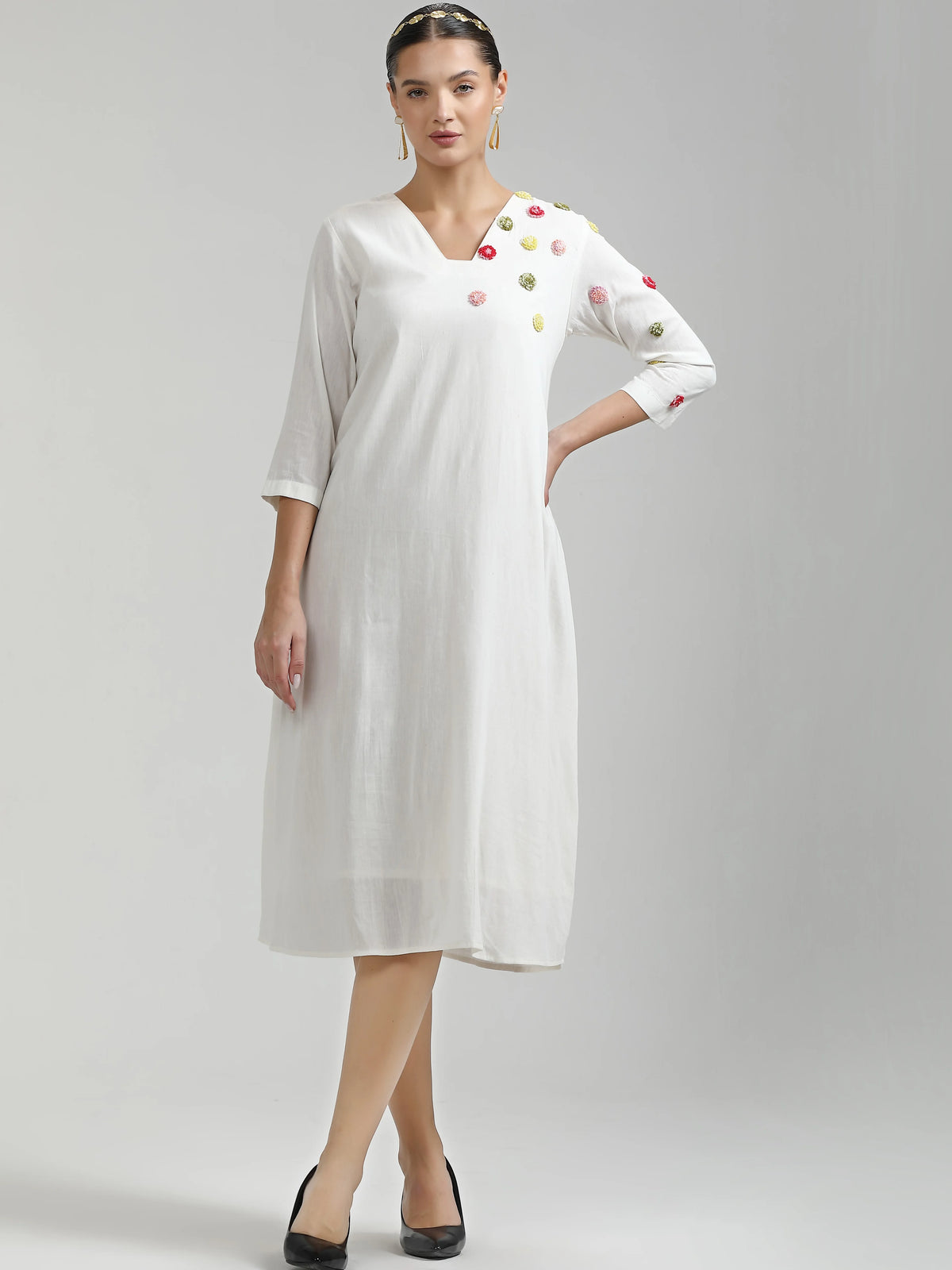 WHITE LIVA VISCOSE MULMUL COTTON HAND EMBROIDERED DRESS