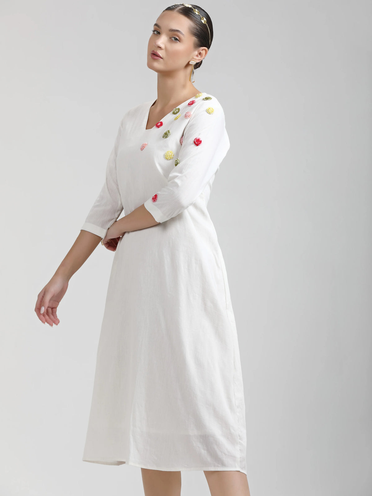 WHITE LIVA VISCOSE MULMUL COTTON HAND EMBROIDERED DRESS