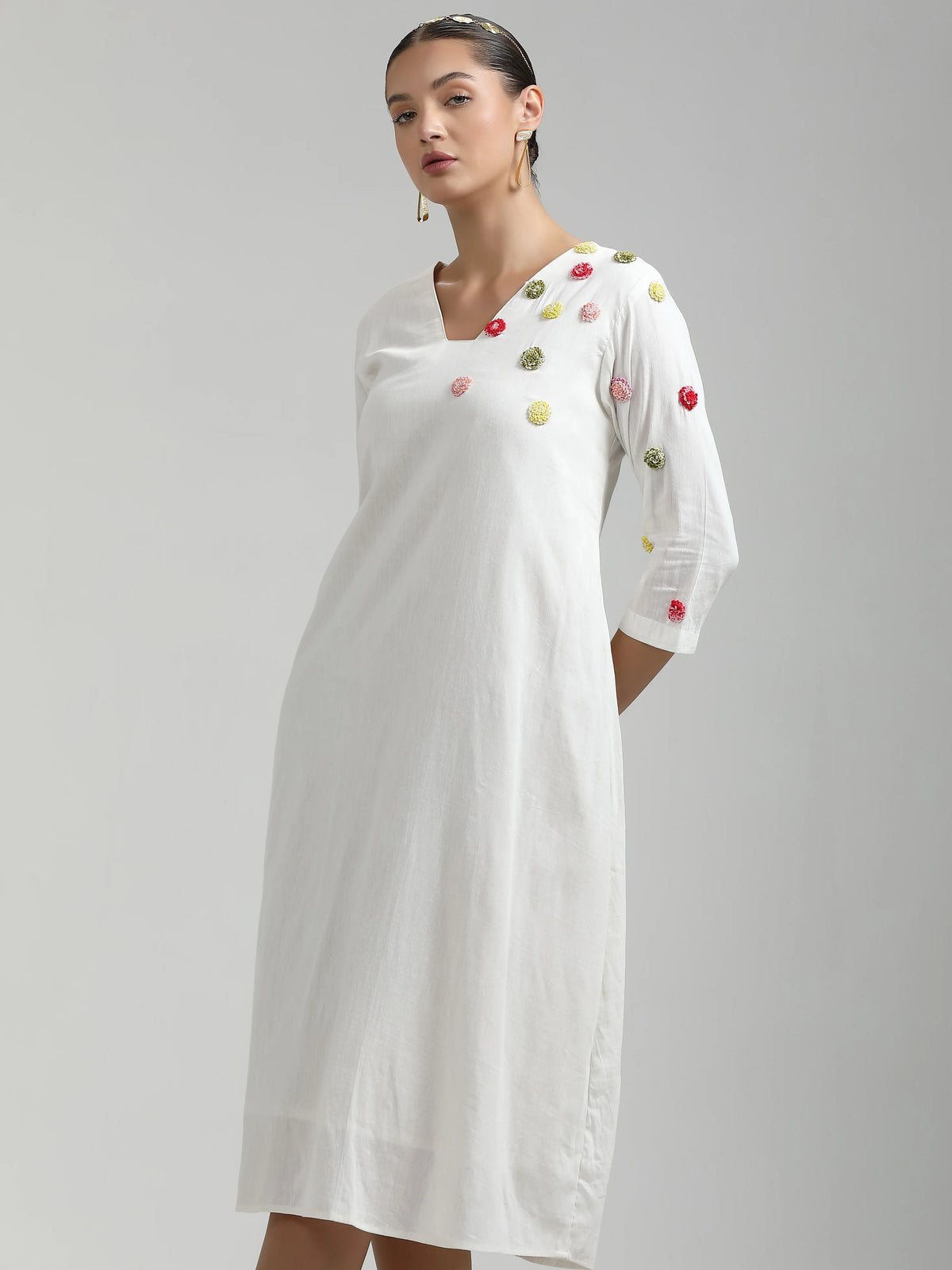 WHITE LIVA VISCOSE MULMUL COTTON HAND EMBROIDERED DRESS