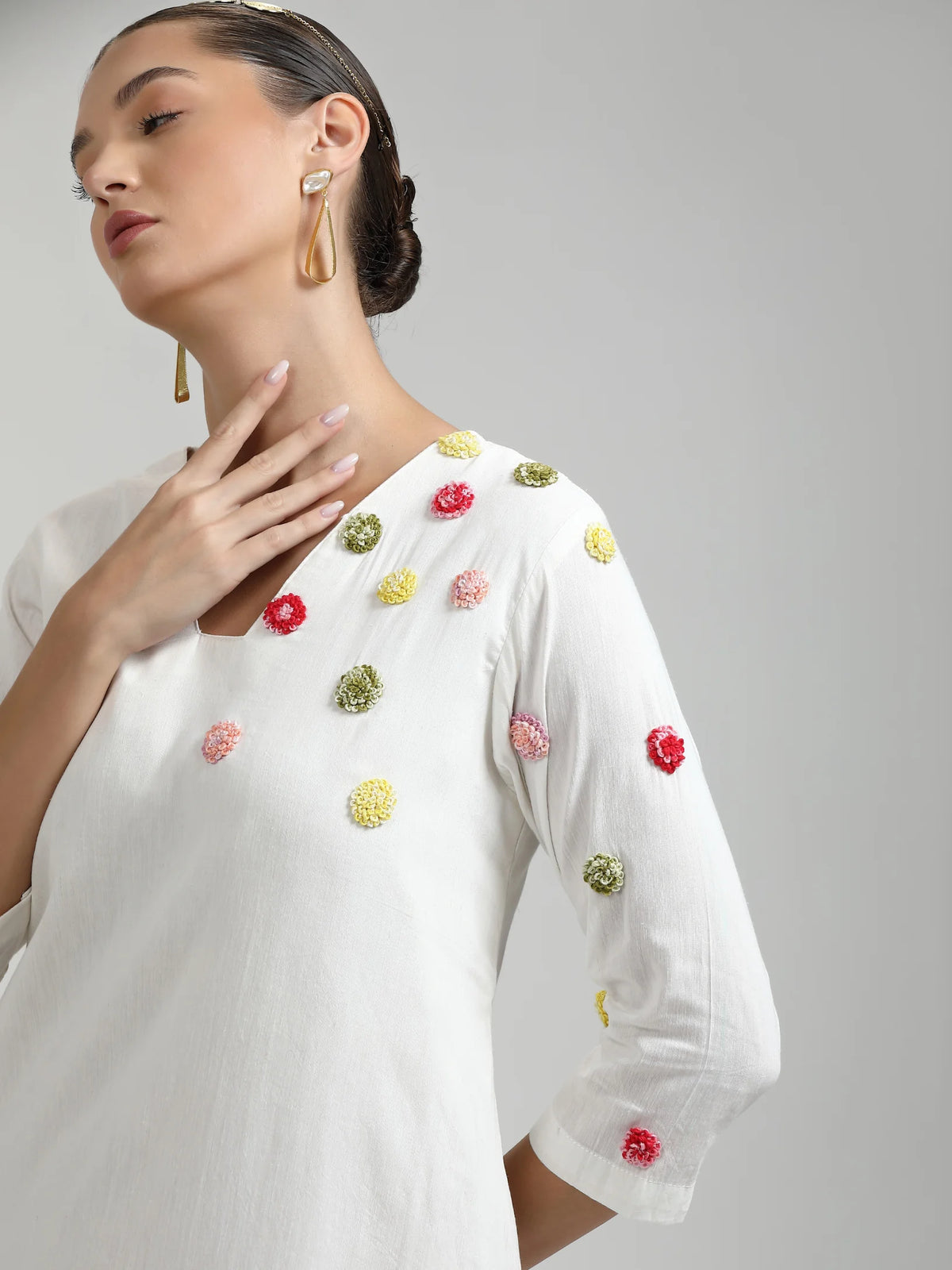 WHITE LIVA VISCOSE MULMUL COTTON HAND EMBROIDERED DRESS