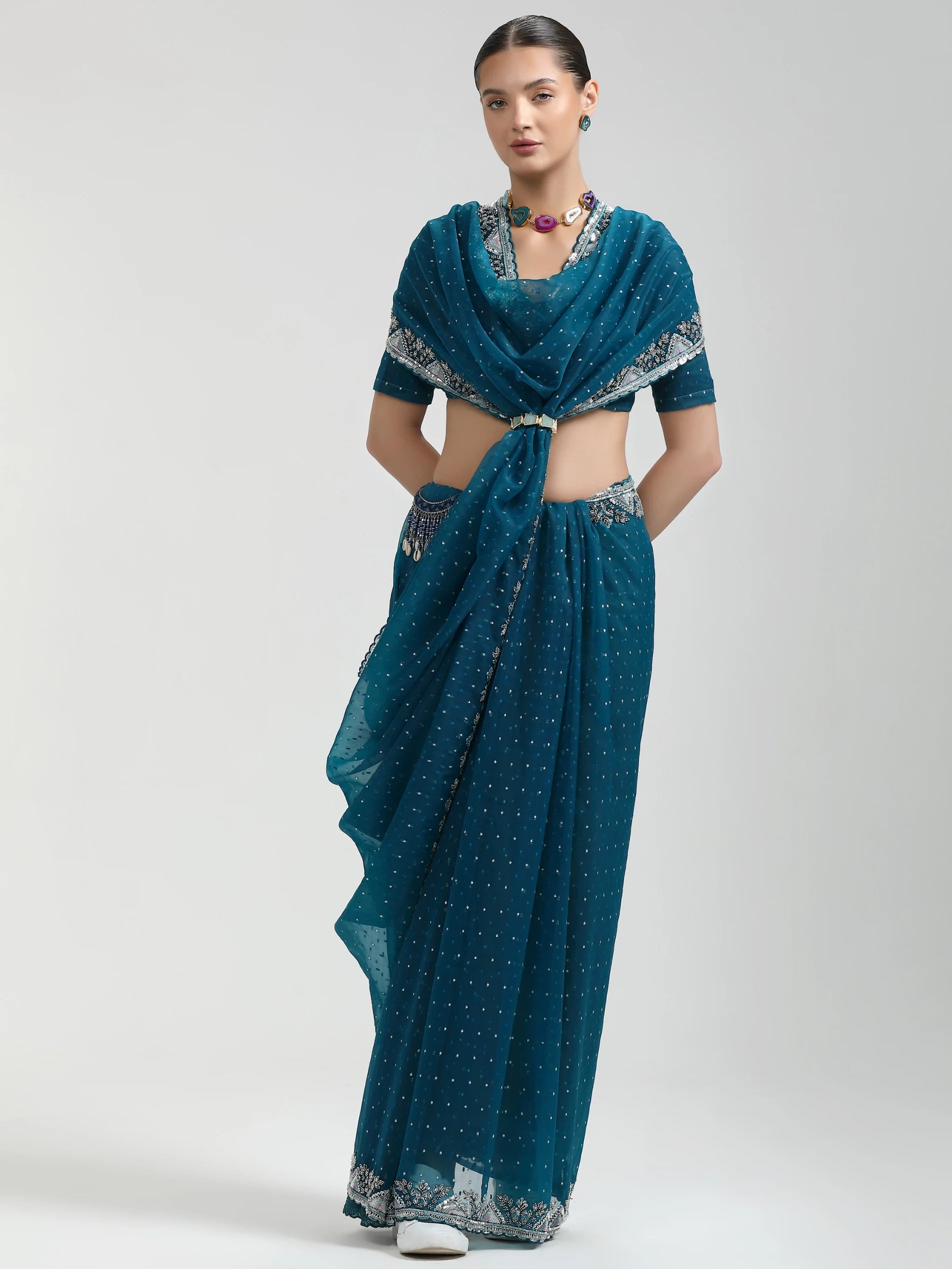 ORGANZA DUO DOTS EMBROIDERY SAREE WITH BLOUSE