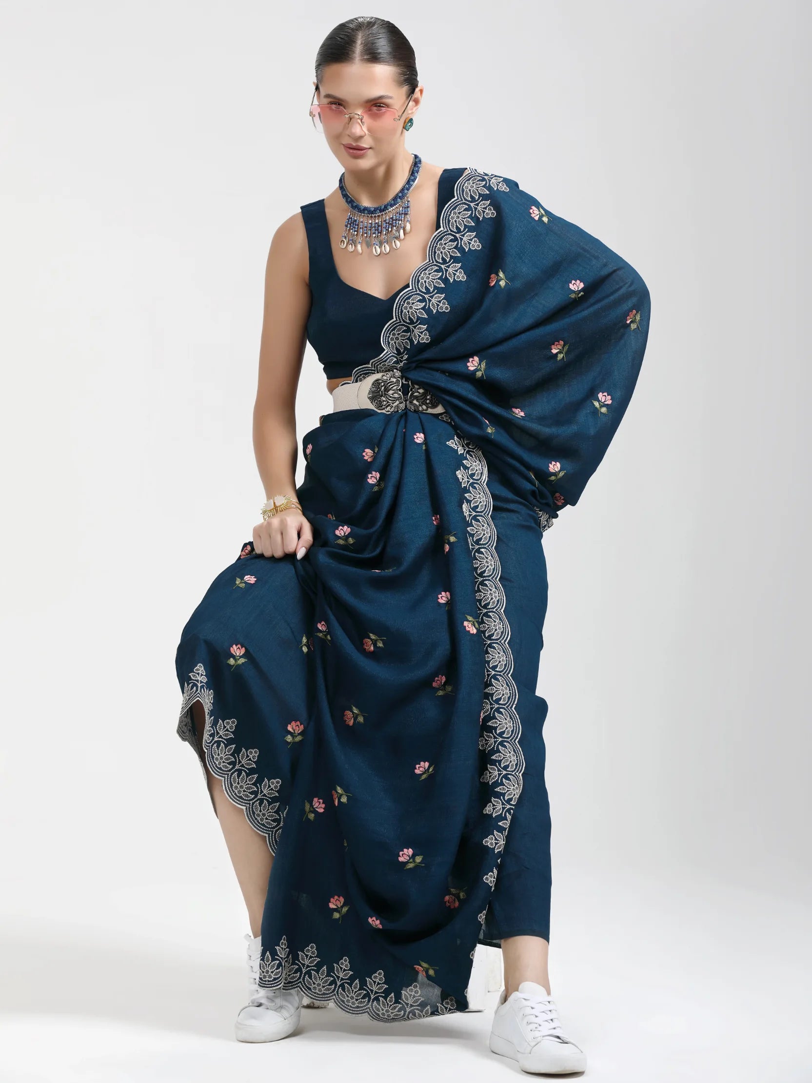 ART SILK TITANIUM LOTUS EMBROIDERY SAREE WITH BLOUSE