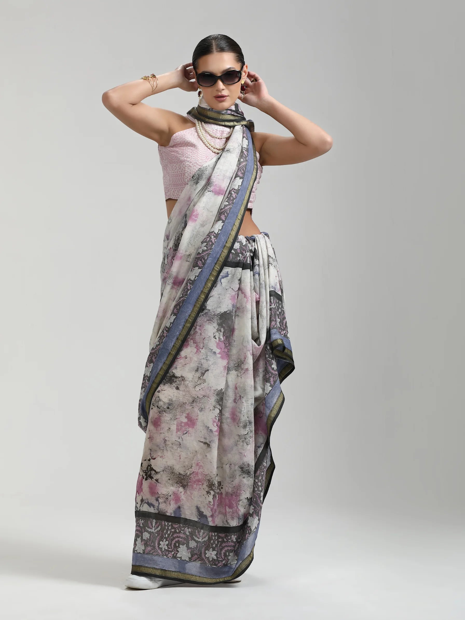 VISCOSE MUL HAND BLOCK PRINTED LIVA SAREE WITH BLOUSE