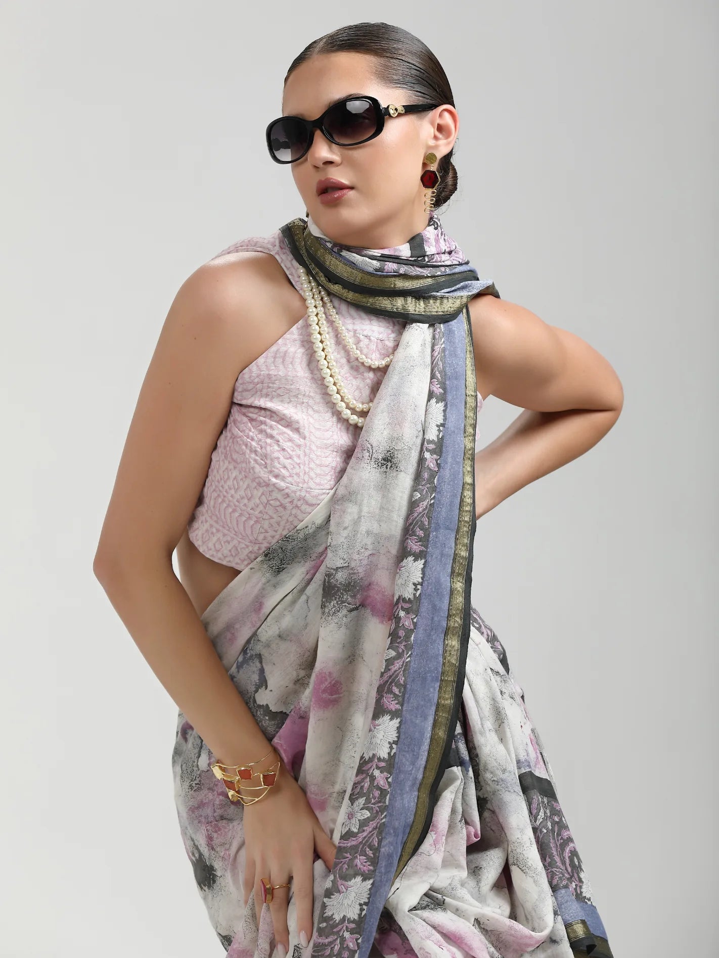 VISCOSE MUL HAND BLOCK PRINTED LIVA SAREE WITH BLOUSE