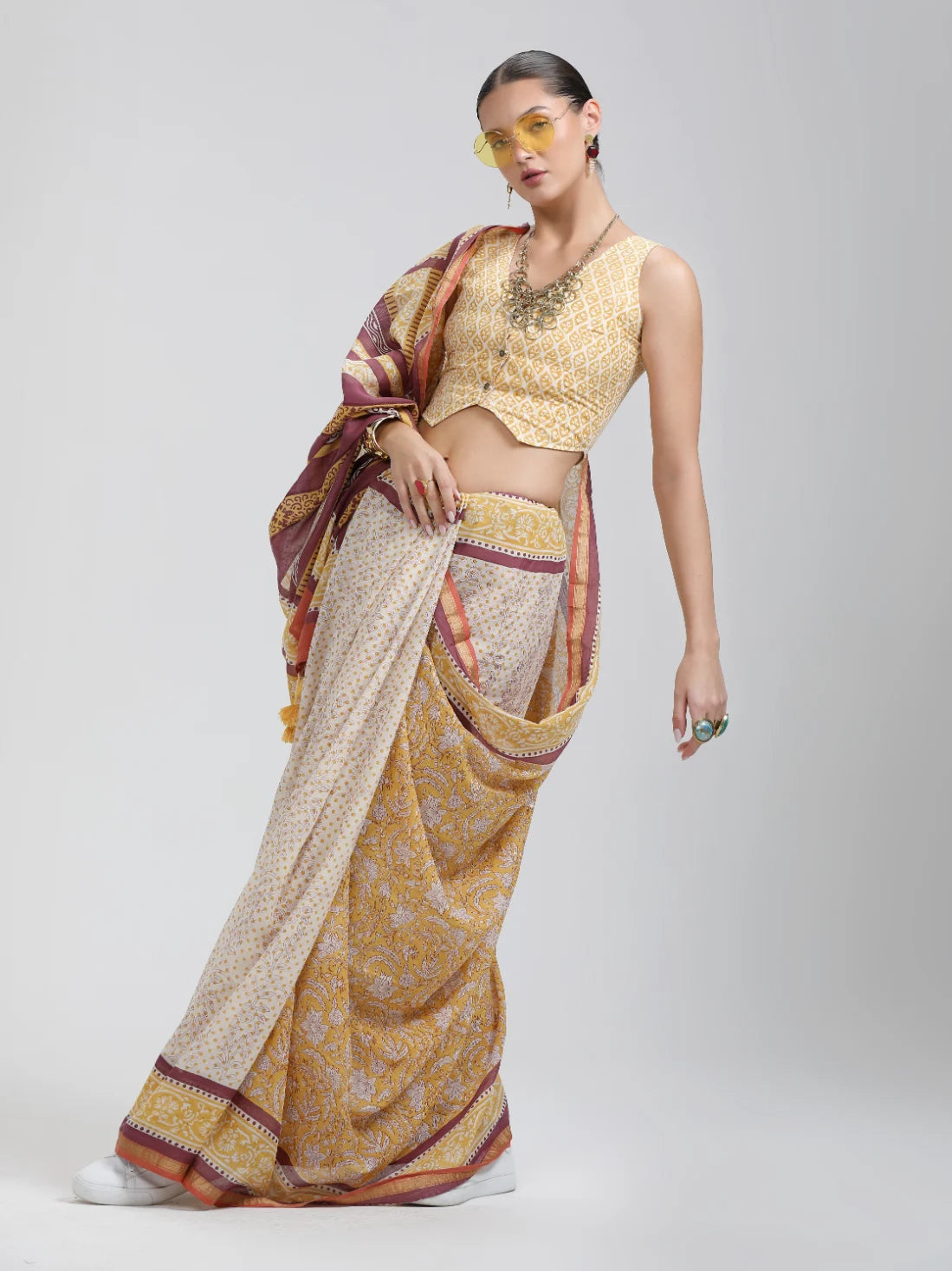 VISCOSE MUL HAND BLOCK PRINTED LIVA SAREE WITH BLOUSE