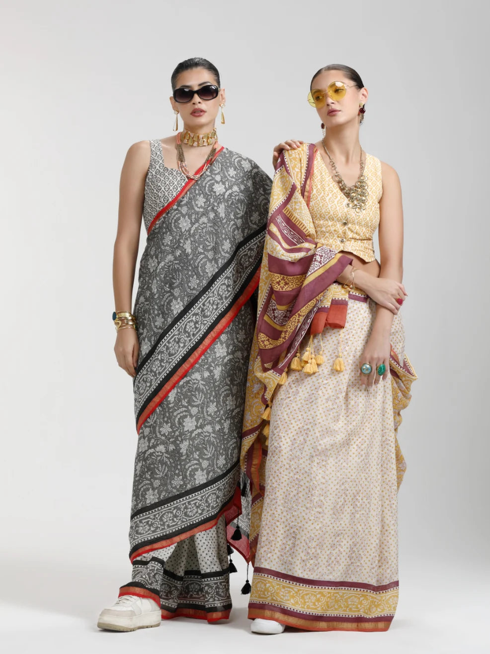 VISCOSE MUL HAND BLOCK PRINTED LIVA SAREE WITH BLOUSE