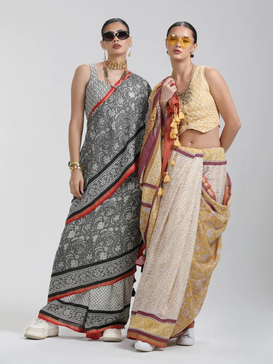 VISCOSE MUL HAND BLOCK PRINTED LIVA SAREE WITH BLOUSE