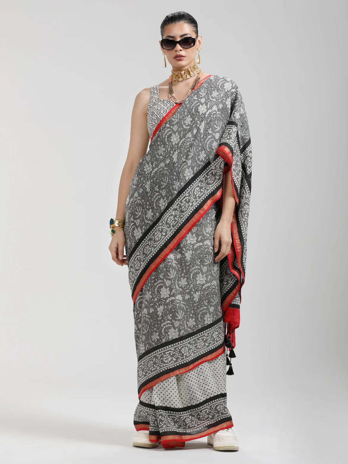 VISCOSE MUL HAND BLOCK PRINTED LIVA SAREE WITH BLOUSE