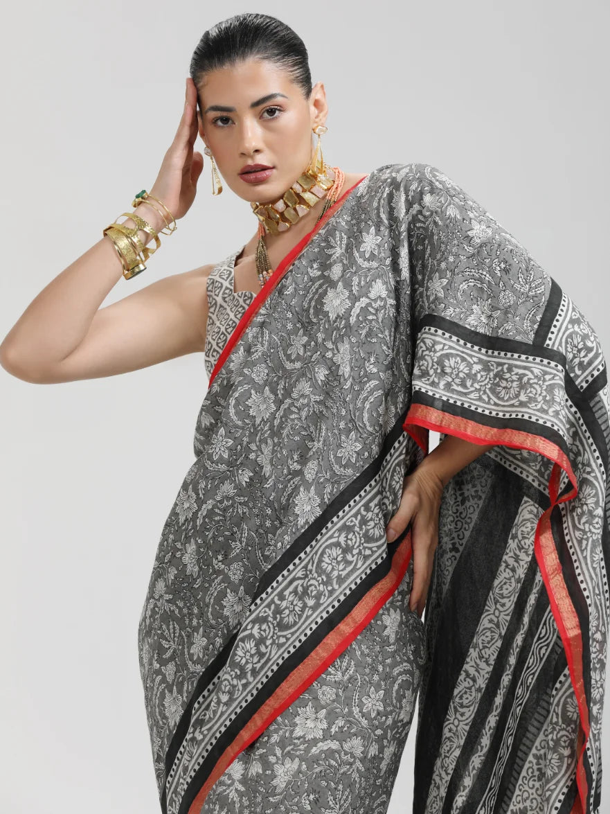 VISCOSE MUL HAND BLOCK PRINTED LIVA SAREE WITH BLOUSE