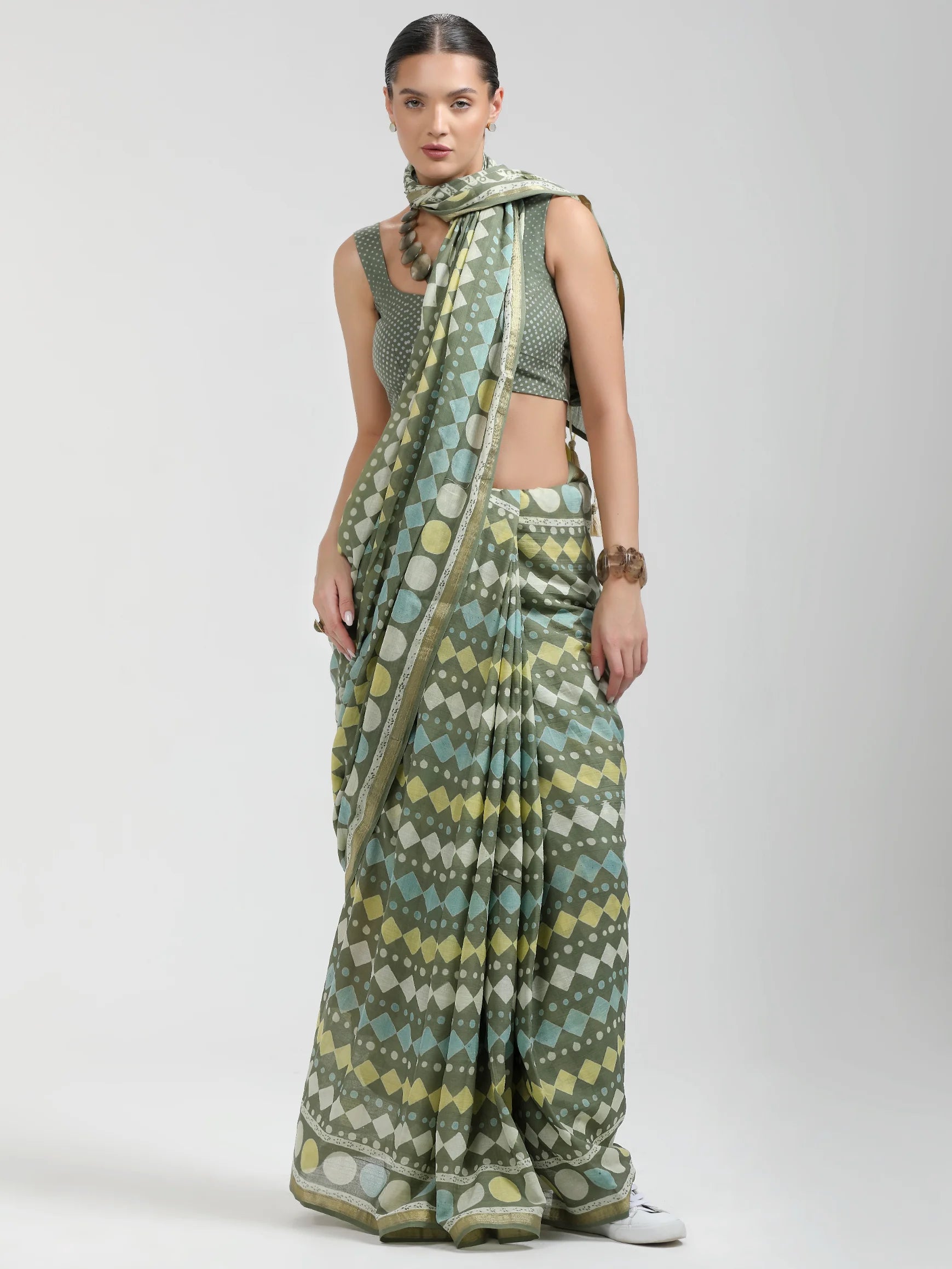 VISCOSE MUL HAND BLOCK PRINTED LIVA SAREE WITH BLOUSE