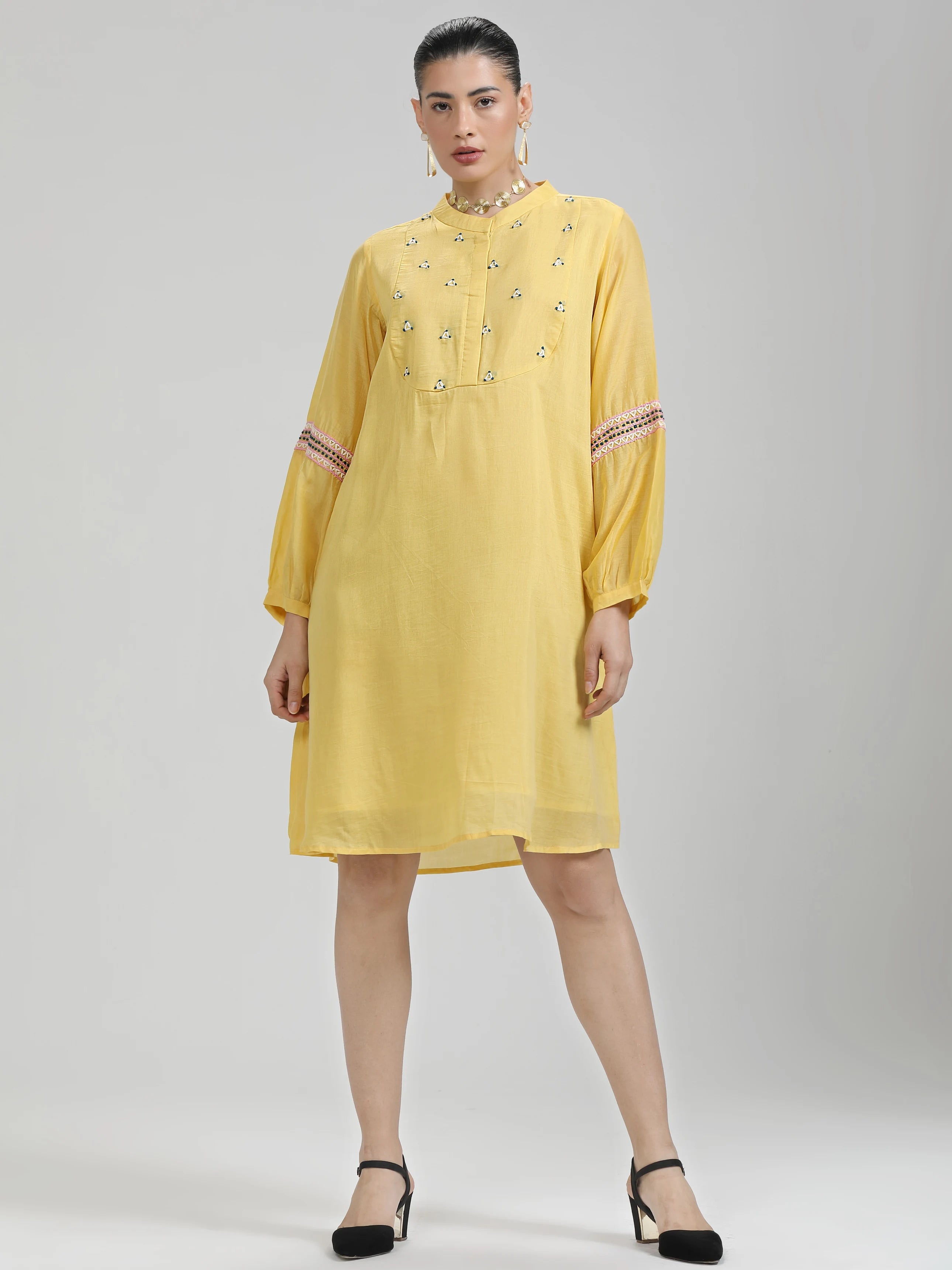 YELLOW LIVA LITE HAND EMBROIDERED DRESS