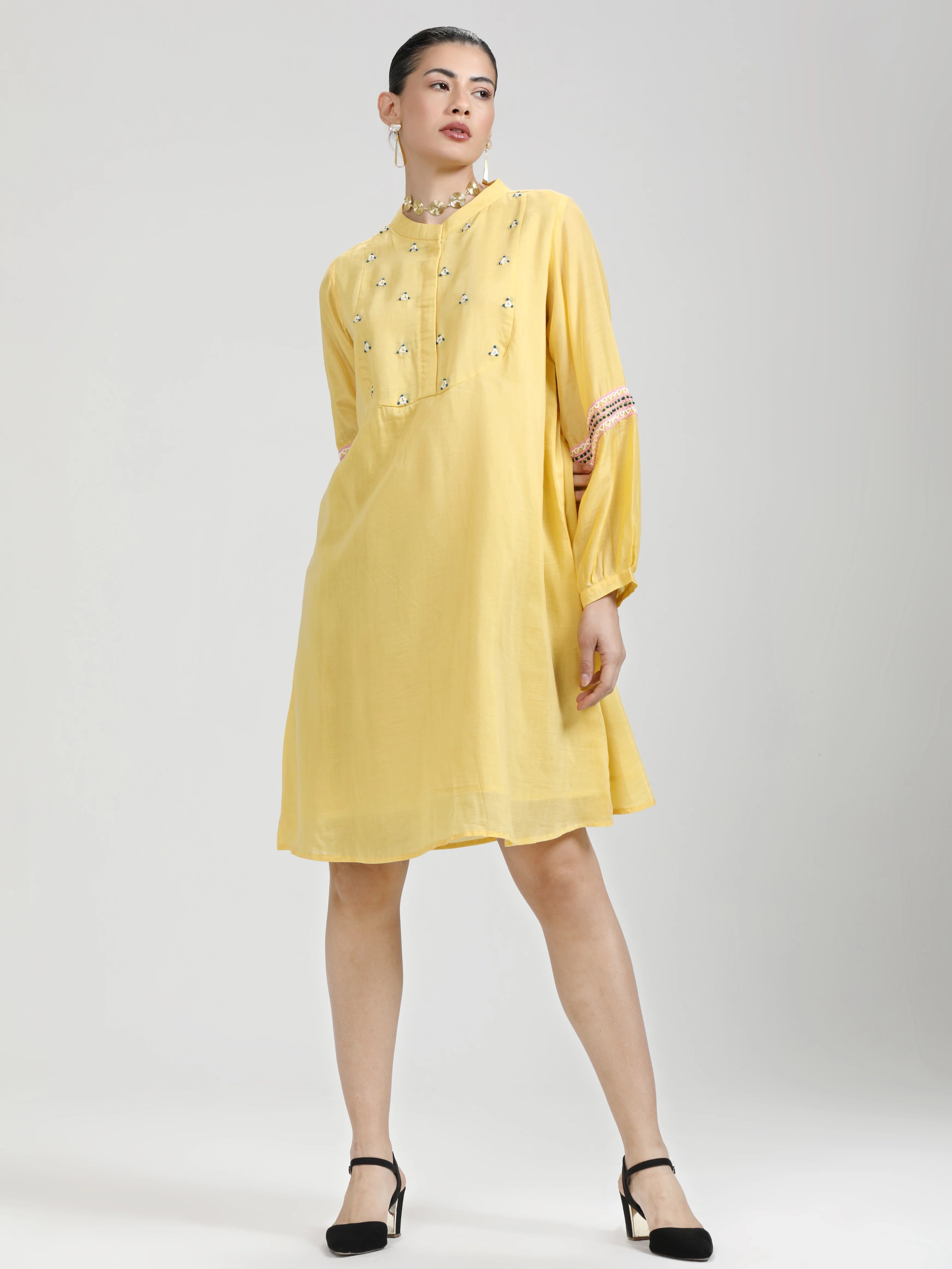 YELLOW LIVA LITE HAND EMBROIDERED DRESS