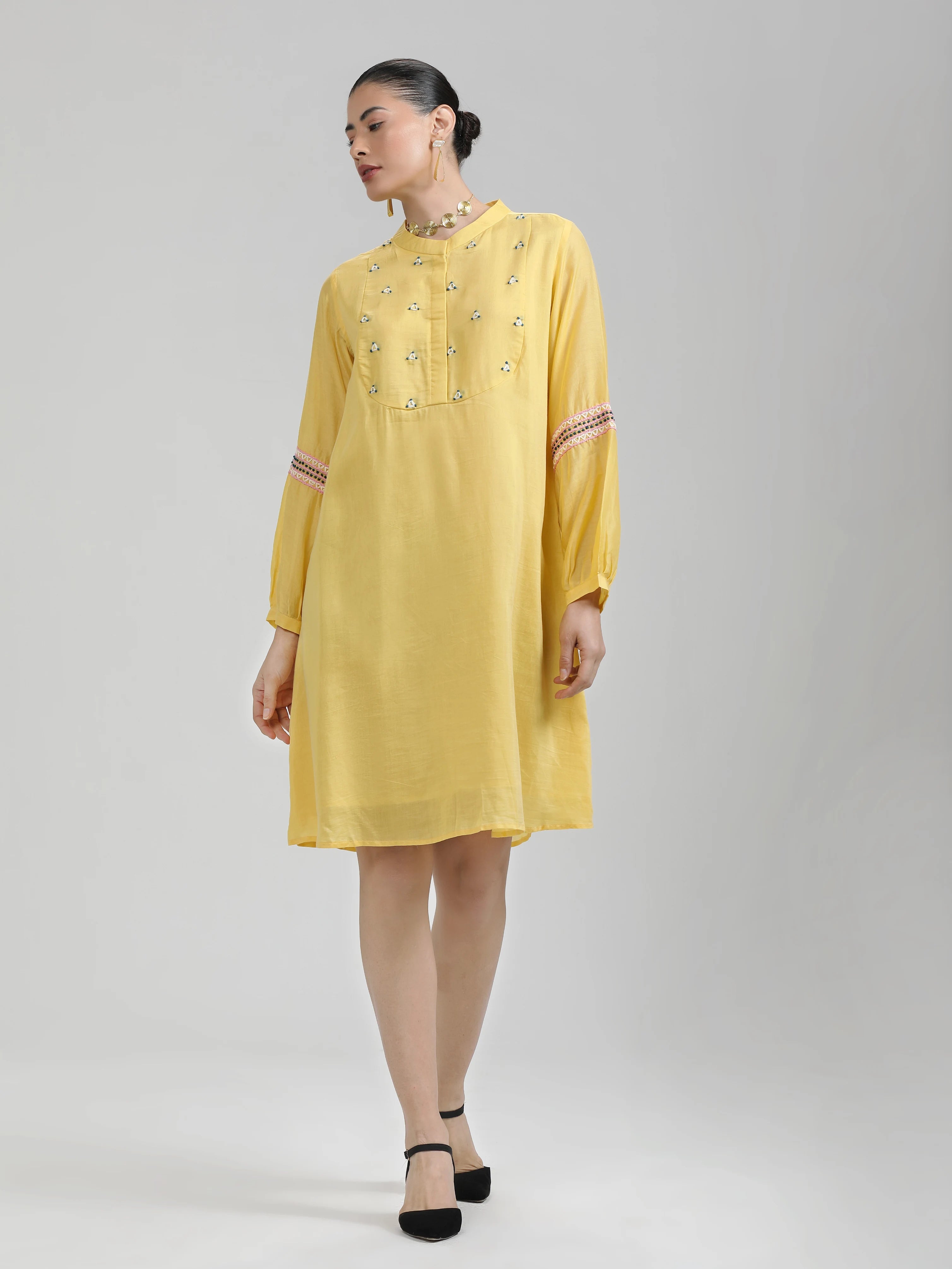 YELLOW LIVA LITE HAND EMBROIDERED DRESS