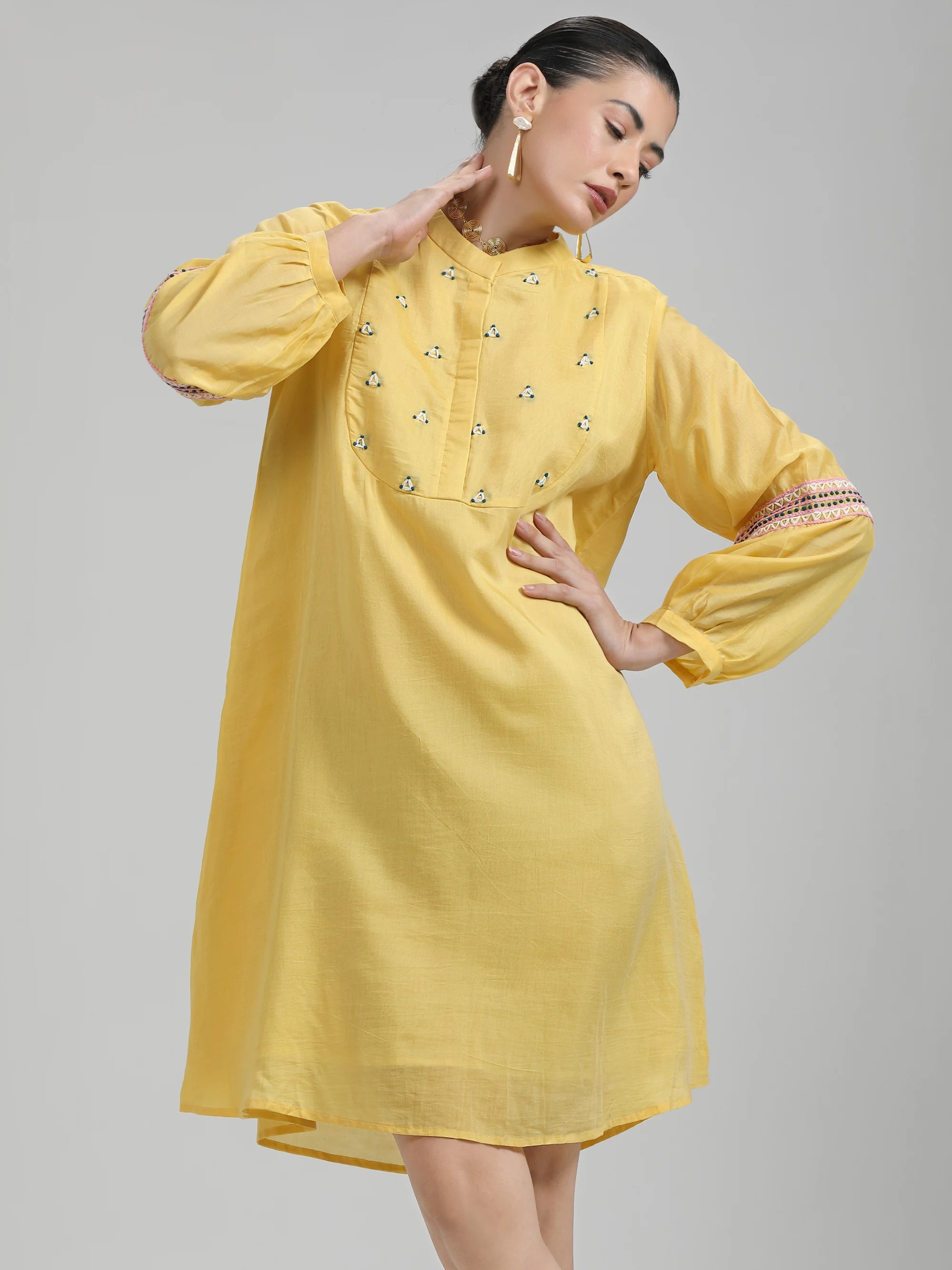 YELLOW LIVA LITE HAND EMBROIDERED DRESS