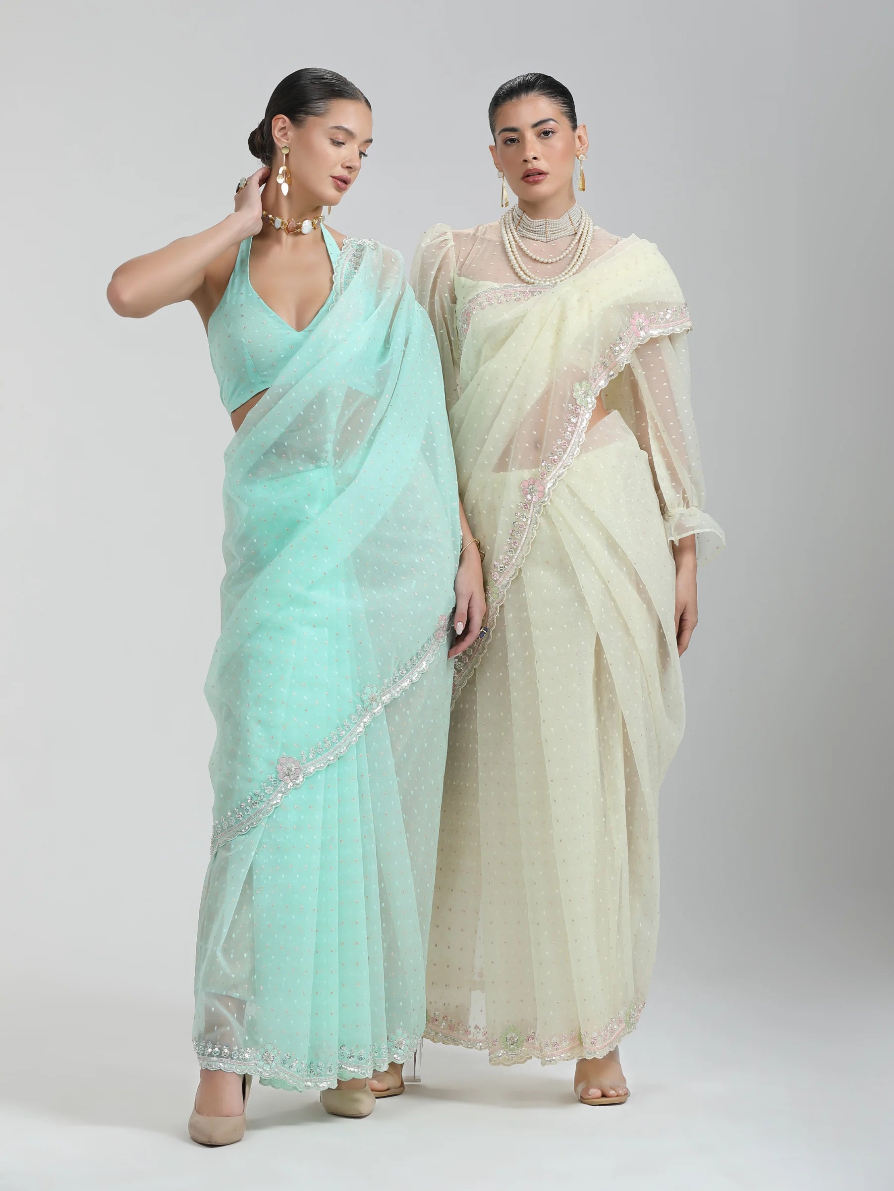 ORGANZA DUO DOTS EMBROIDERY SAREE WITH BLOUSE