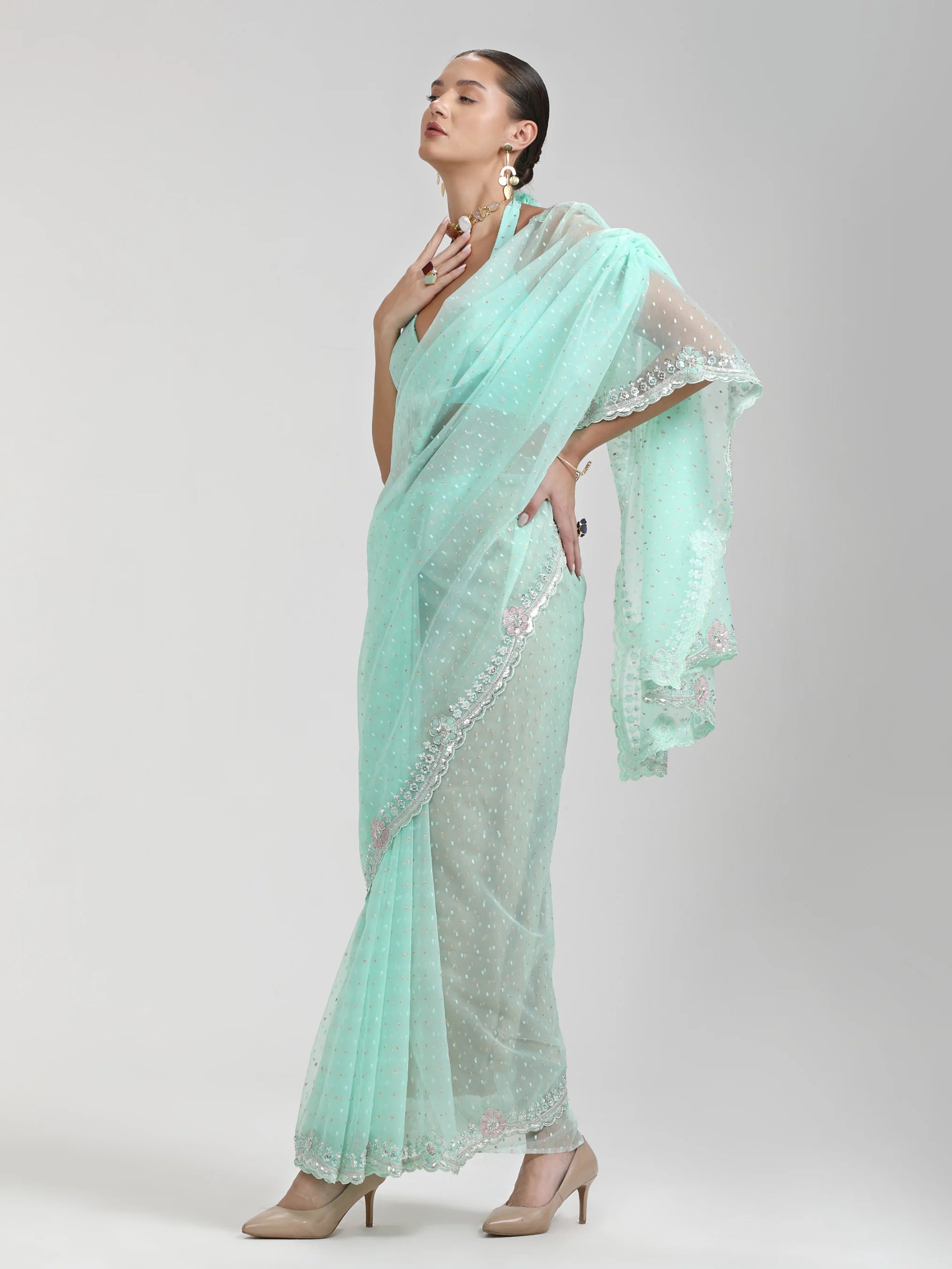 ORGANZA DUO DOTS EMBROIDERY SAREE WITH BLOUSE