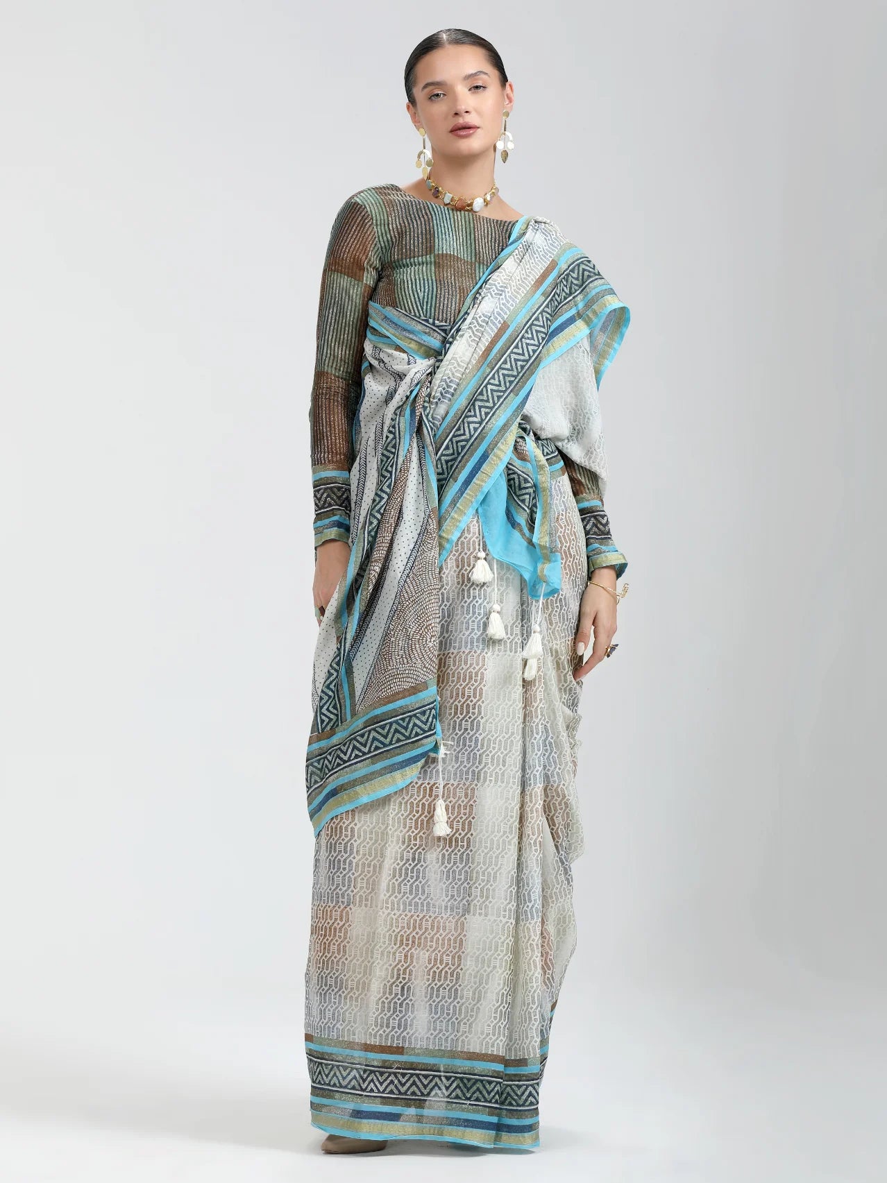 VISCOSE MUL HAND BLOCK PRINTED LIVA SAREE WITH BLOUSE