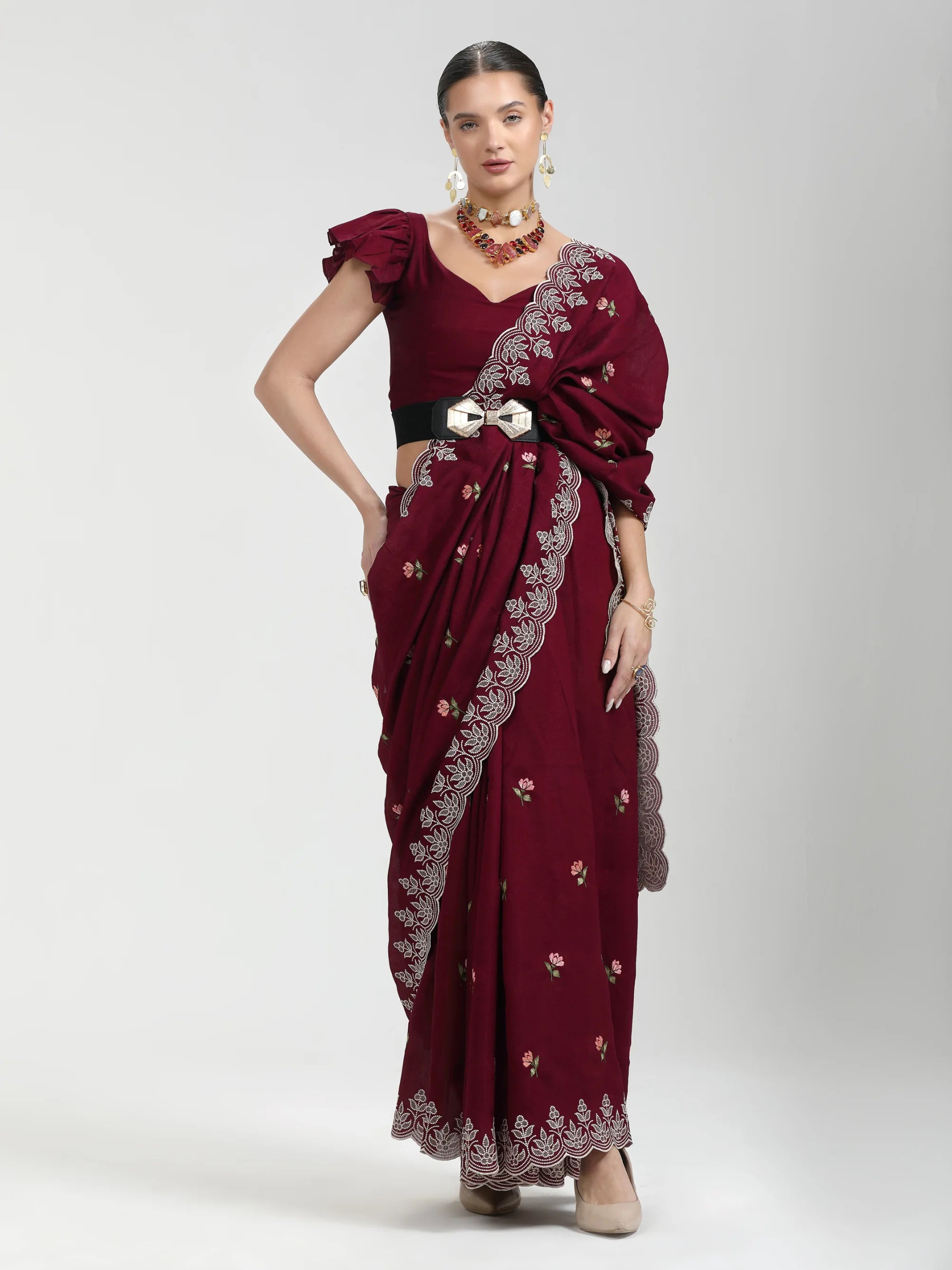 ART SILK TITANIUM LOTUS EMBROIDERY SAREE WITH BLOUSE