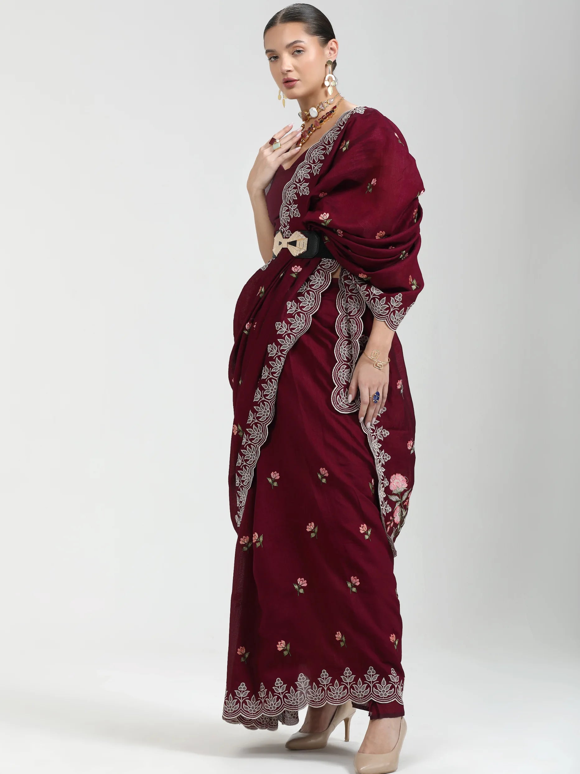 ART SILK TITANIUM LOTUS EMBROIDERY SAREE WITH BLOUSE