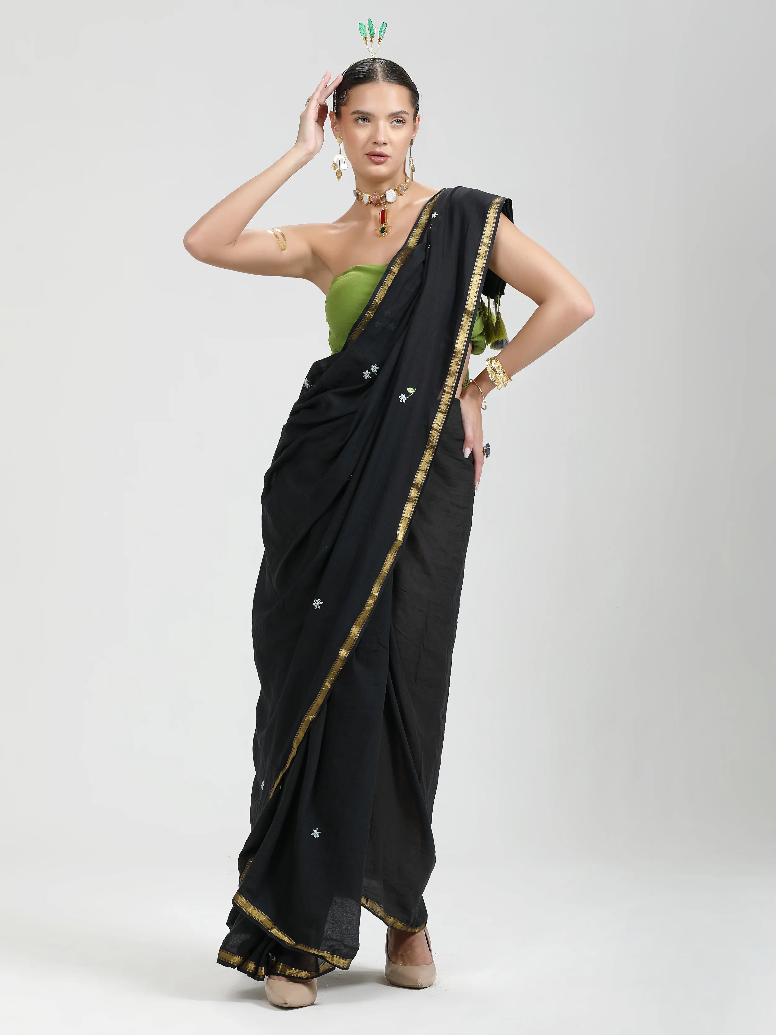 VISCOSE MUL HAND EMBROIDERED LIVA SAREE WITH BLOUSE