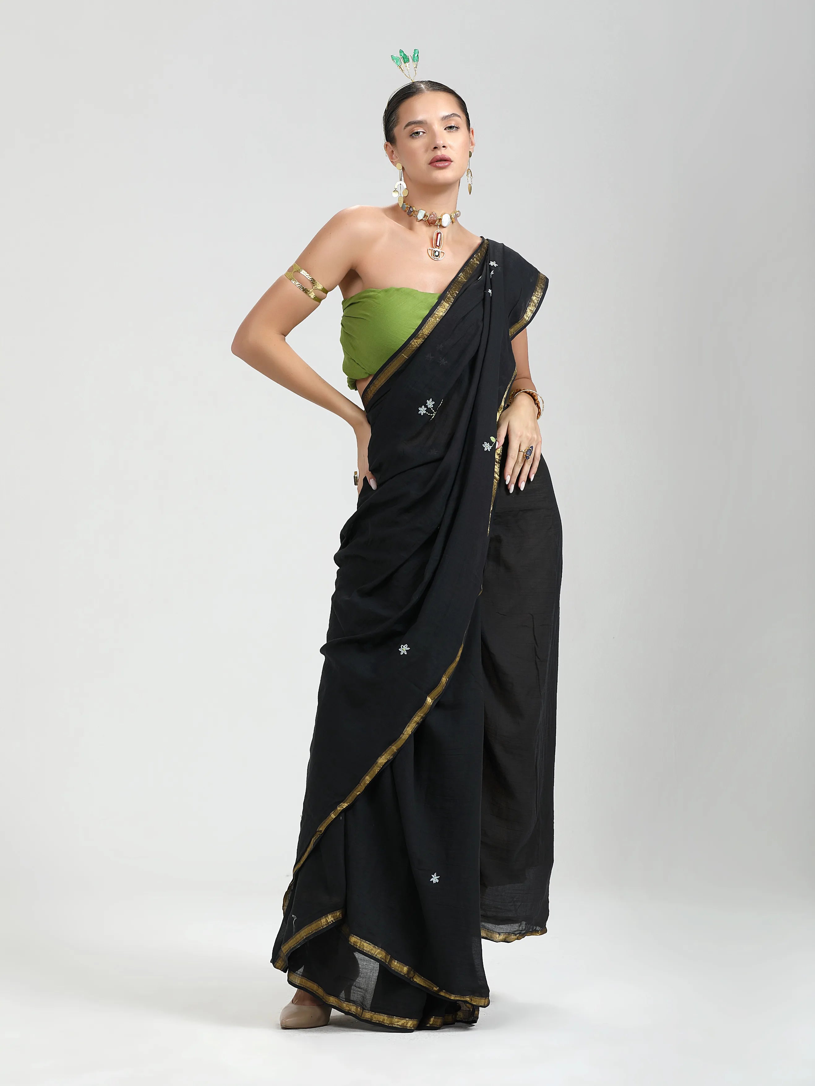 VISCOSE MUL HAND EMBROIDERED LIVA SAREE WITH BLOUSE