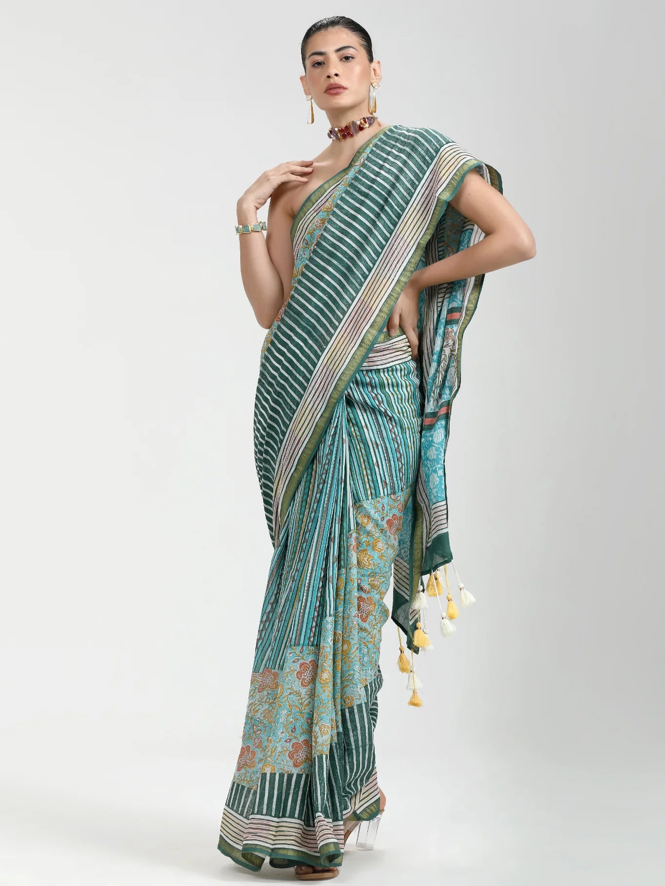 VISCOSE MUL HAND BLOCK PRINTED LIVA SAREE WITH BLOUSE