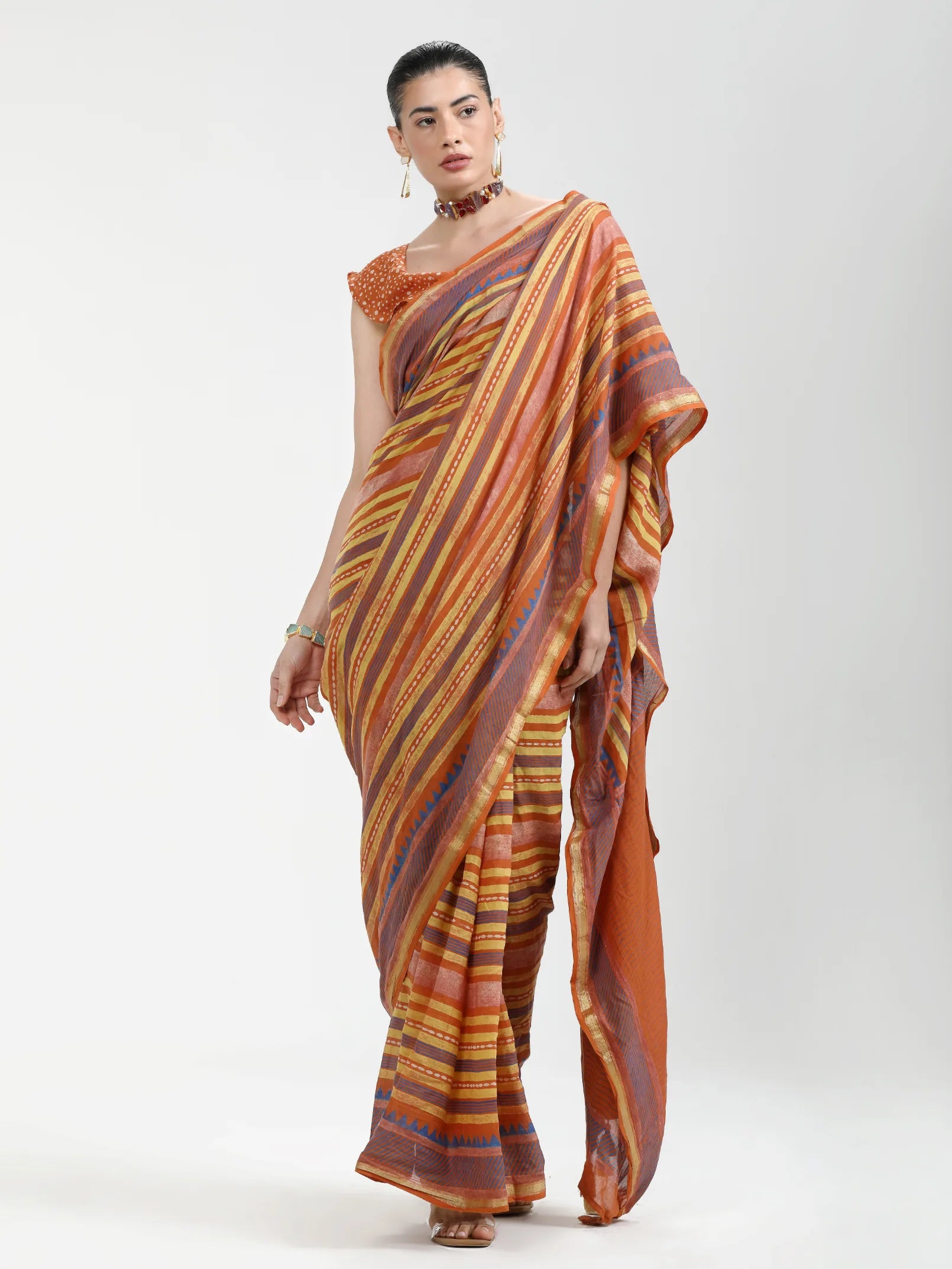 VISCOSE MUL HAND BLOCK PRINTED LIVA SAREE WITH BLOUSE