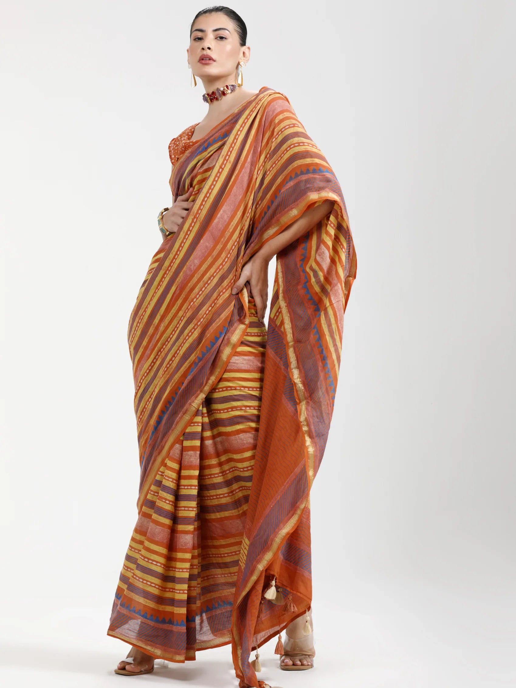 VISCOSE MUL HAND BLOCK PRINTED LIVA SAREE WITH BLOUSE