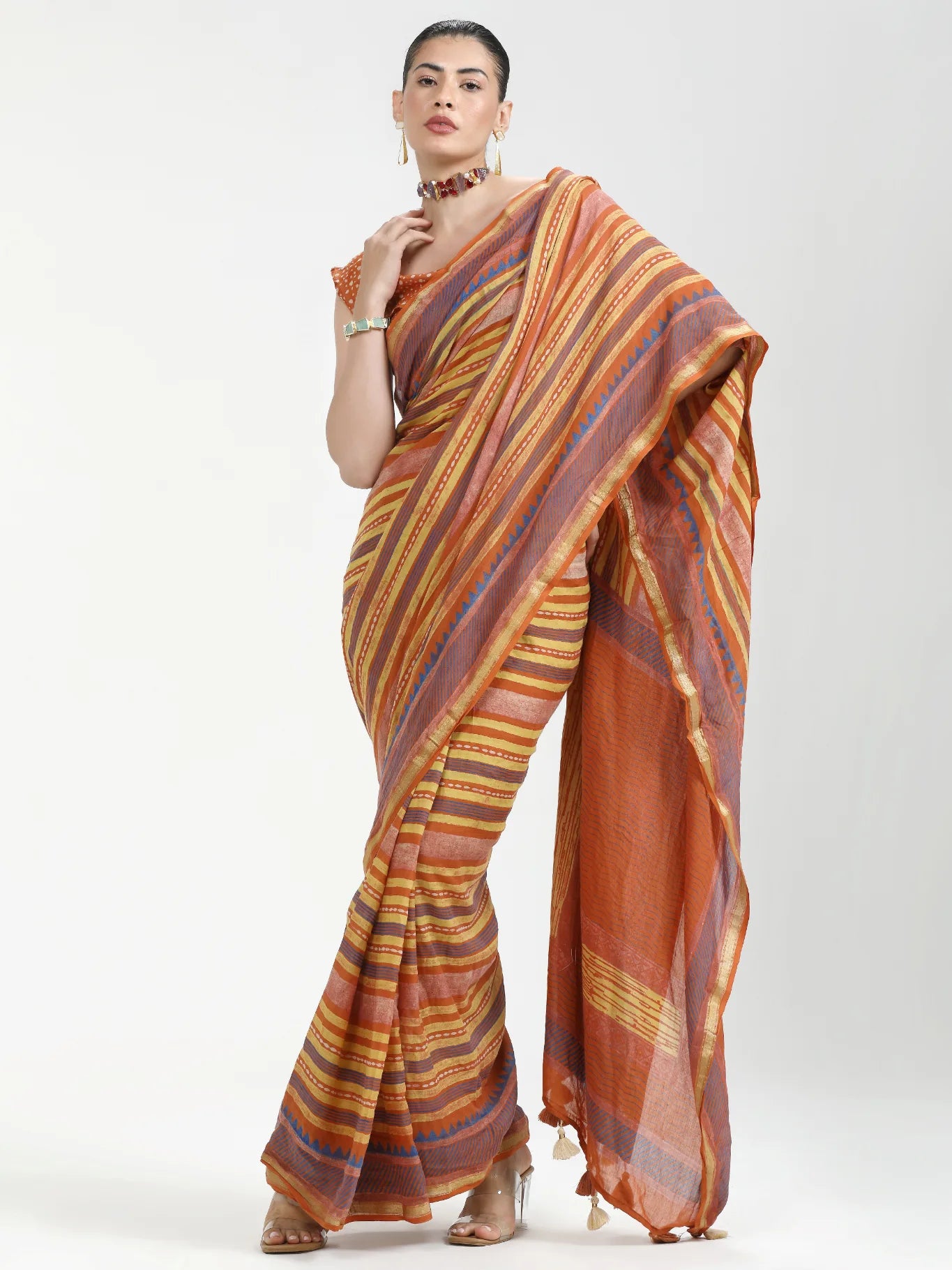 VISCOSE MUL HAND BLOCK PRINTED LIVA SAREE WITH BLOUSE