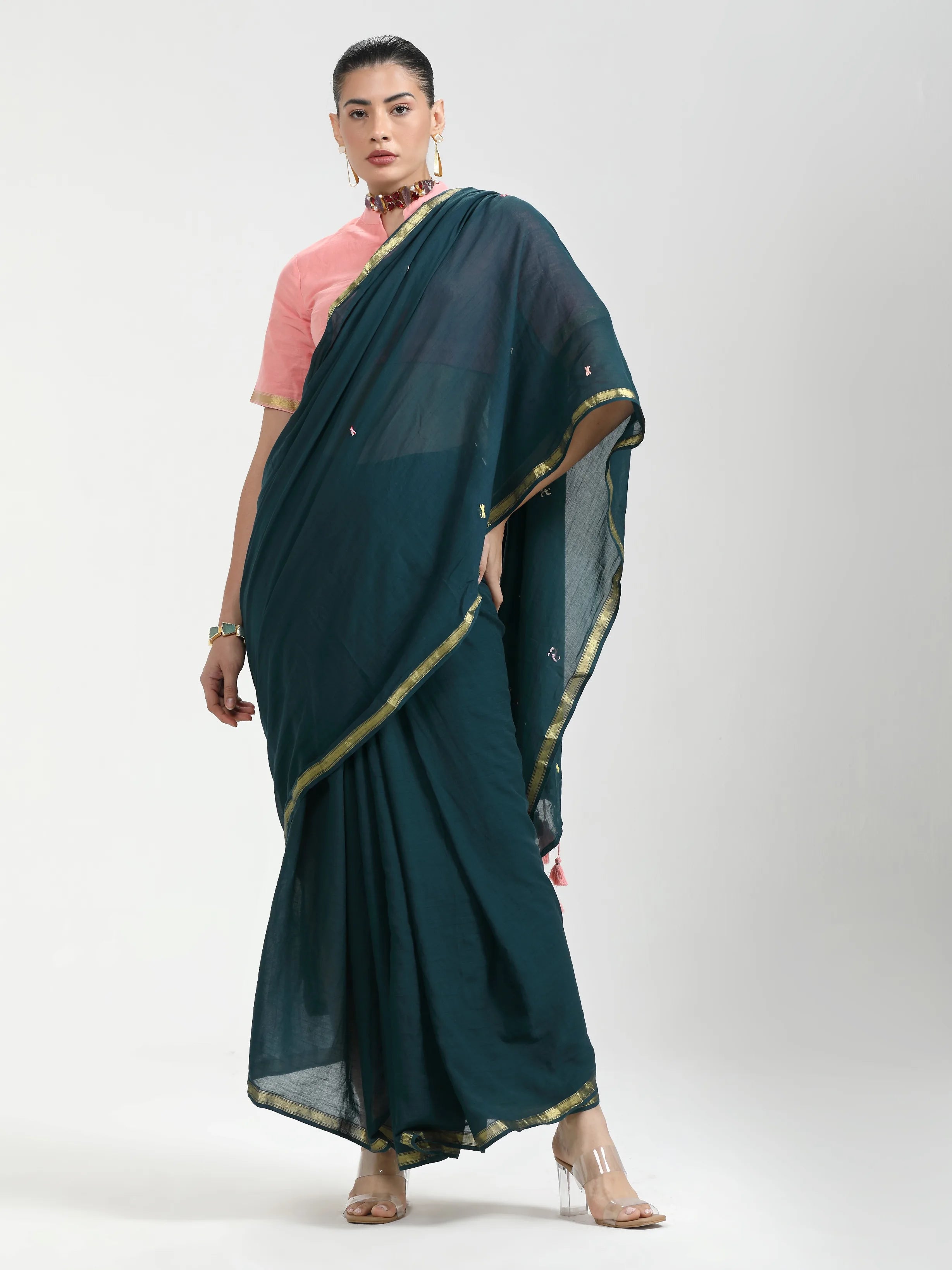 VISCOSE MUL HAND EMBROIDERED LIVA SAREE WITH BLOUSE