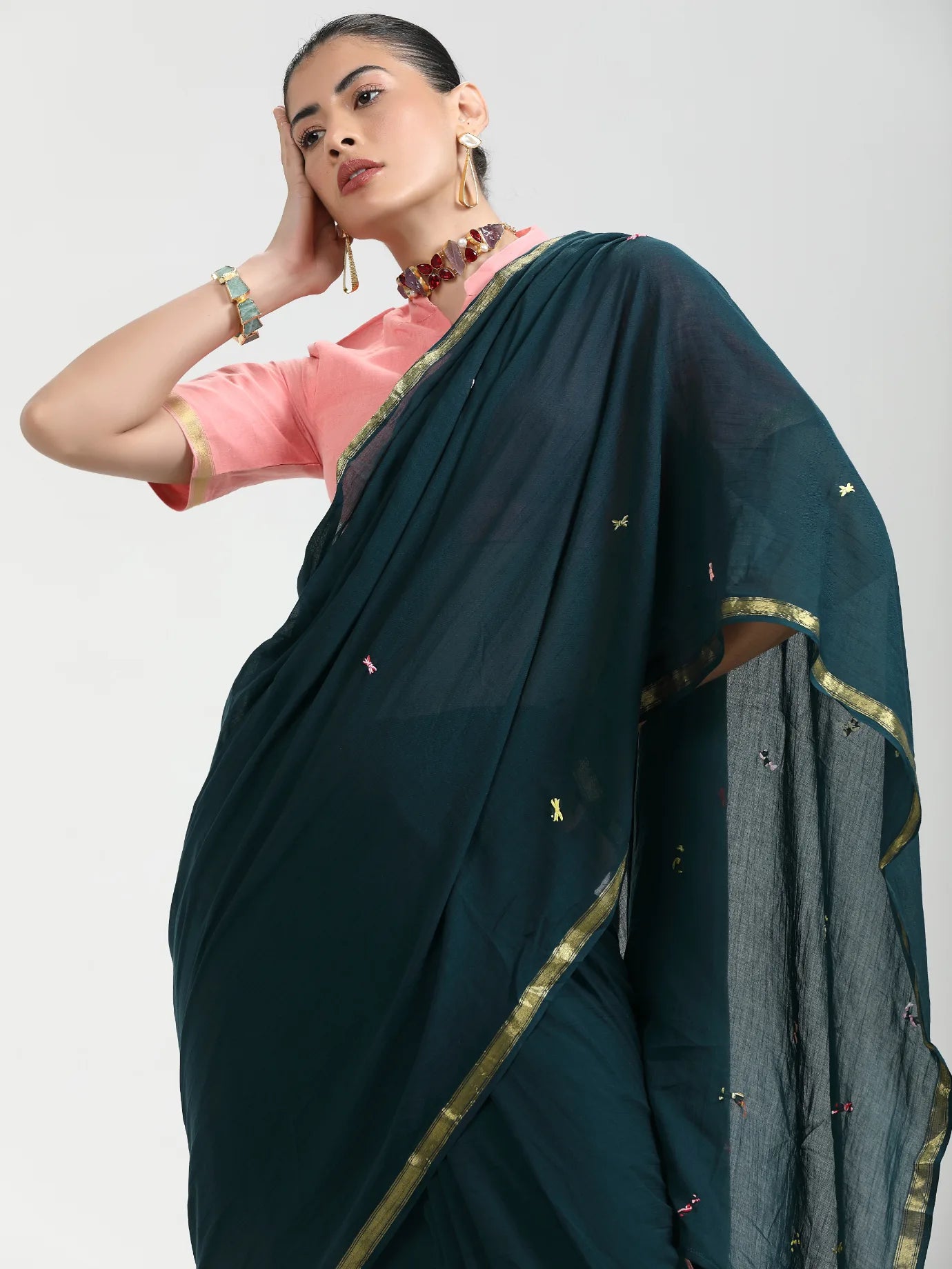 VISCOSE MUL HAND EMBROIDERED LIVA SAREE WITH BLOUSE