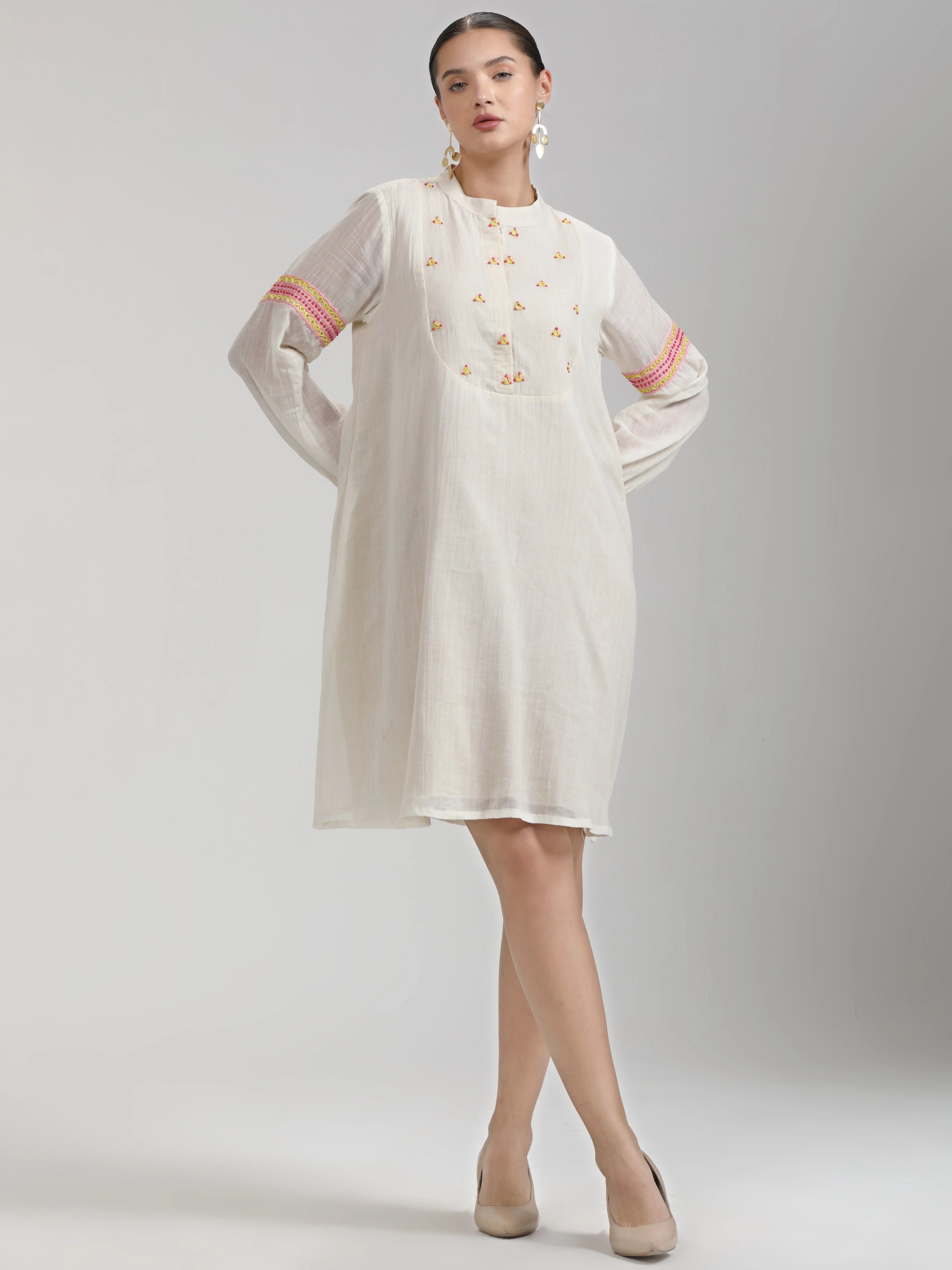 WHITE LIVA VISCOSE MUL HAND EMBROIDERED DRESS