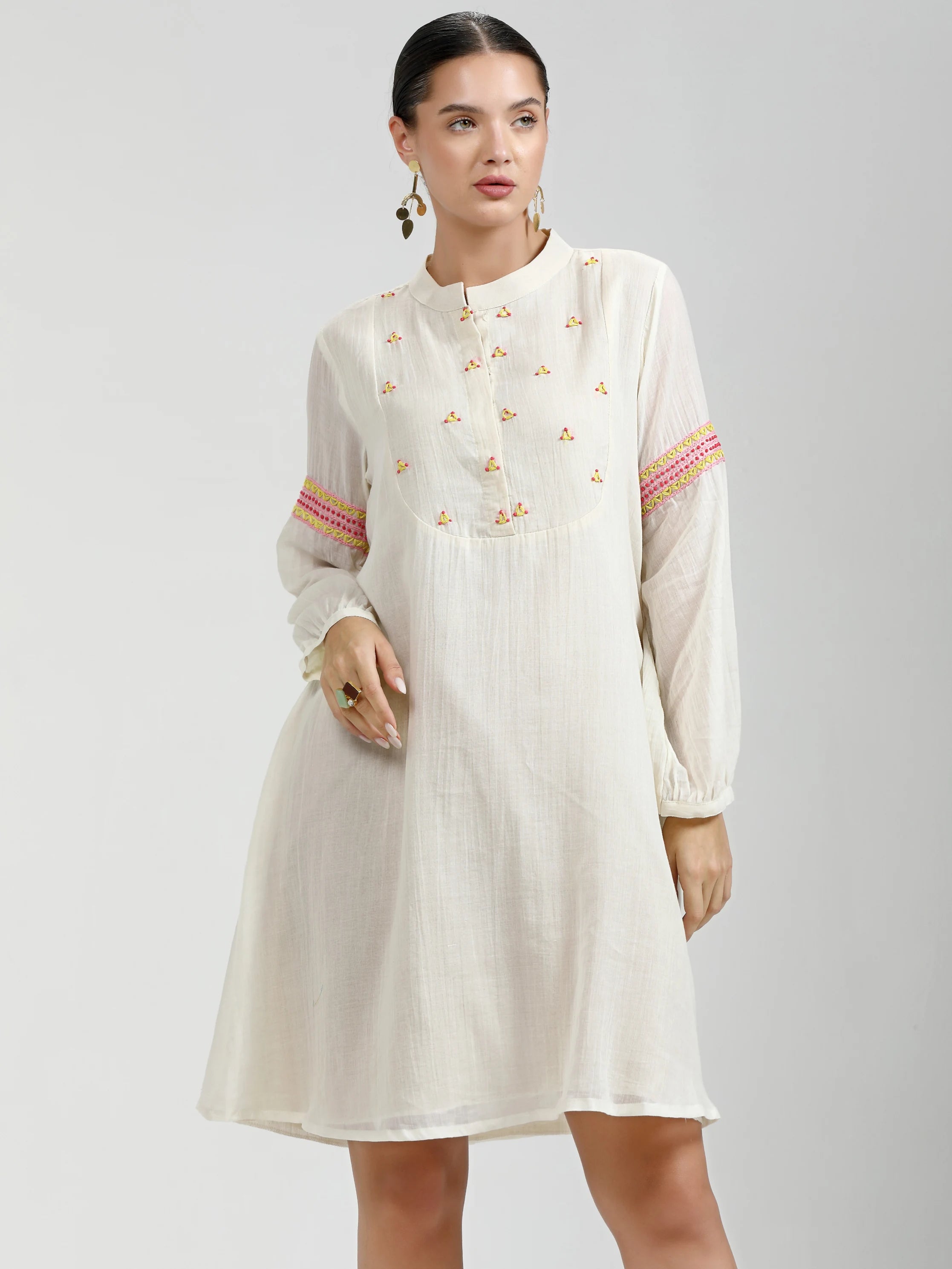 WHITE LIVA VISCOSE MUL HAND EMBROIDERED DRESS