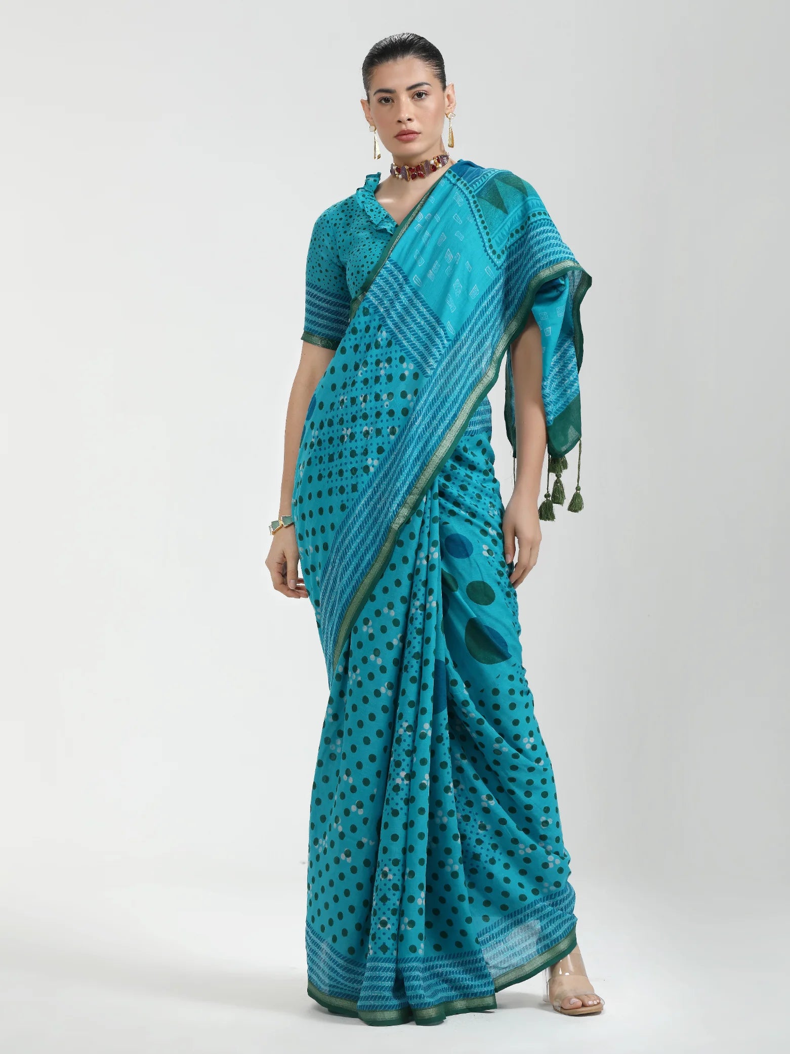 VISCOSE MUL HAND BLOCK PRINTED LIVA SAREE WITH BLOUSE