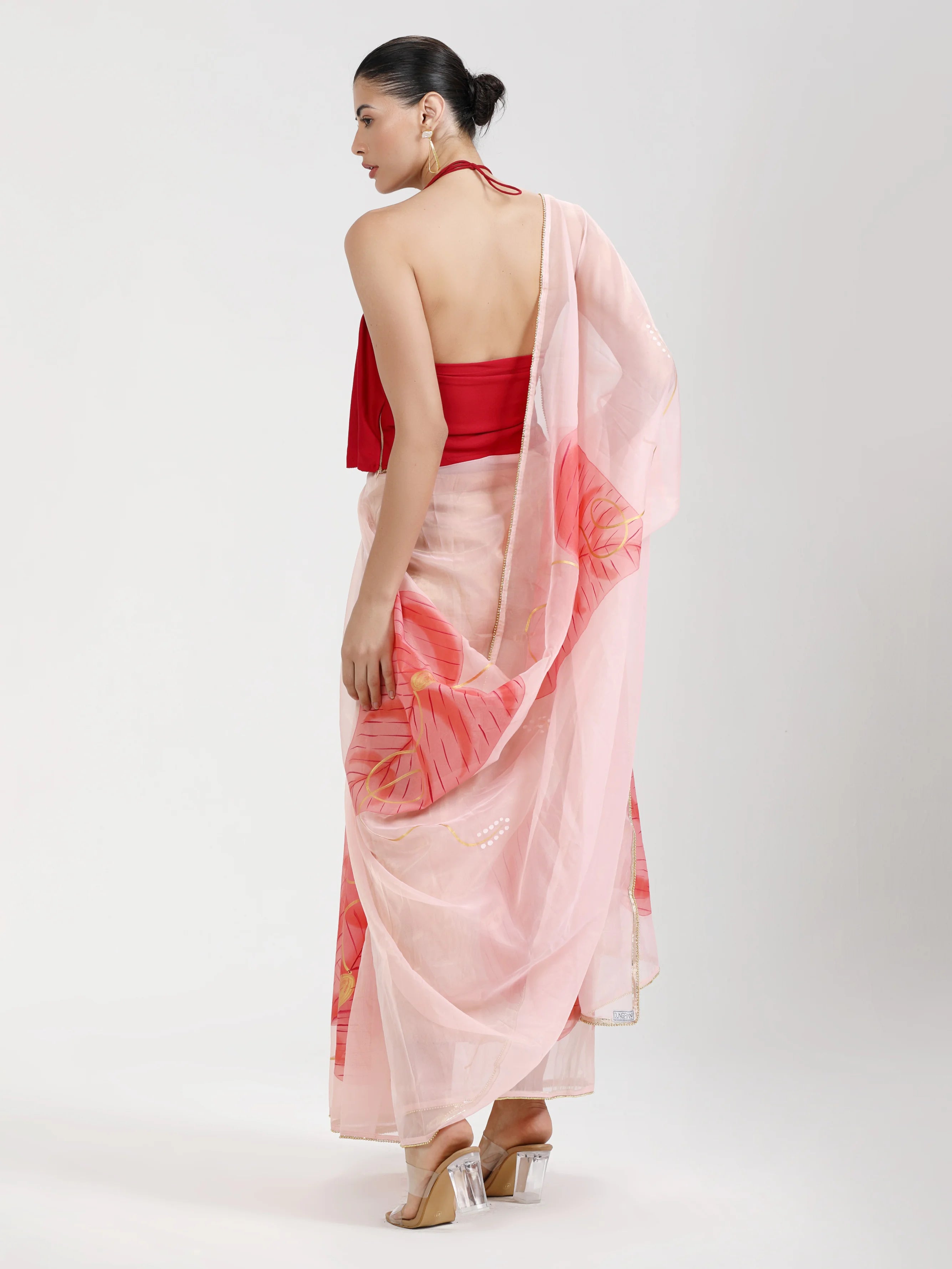 PEACH FLORAL HAND PAINTED ORGANZA SILK SAREE