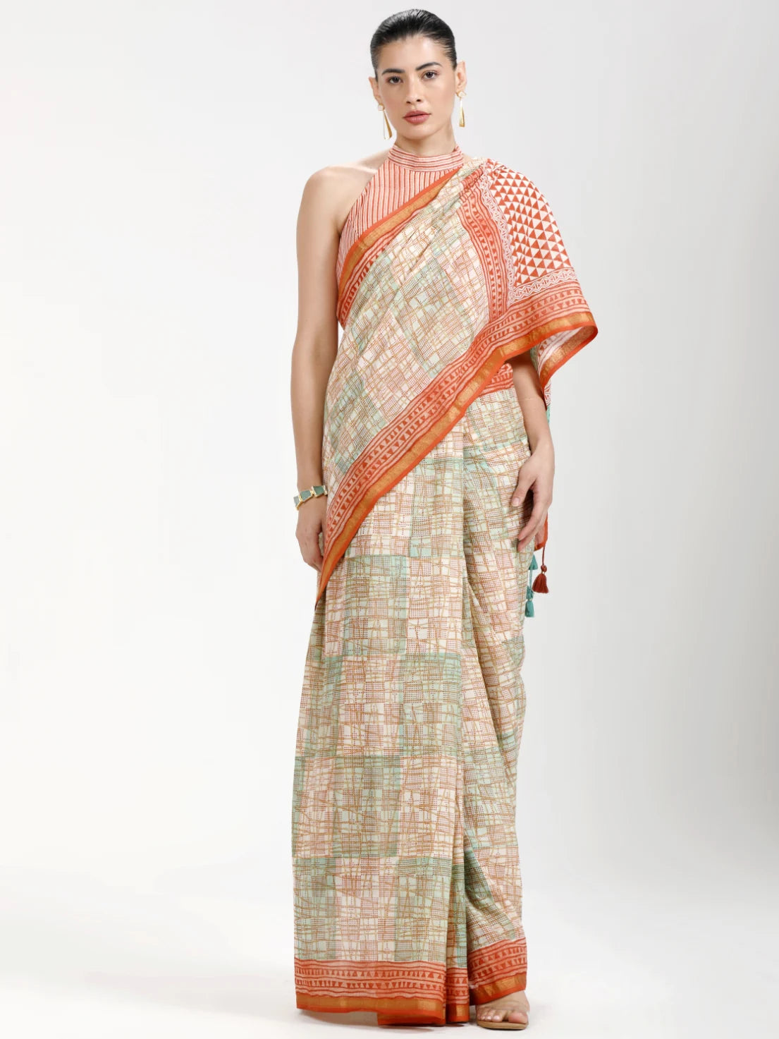 VISCOSE MUL HAND BLOCK PRINTED LIVA SAREE WITH BLOUSE