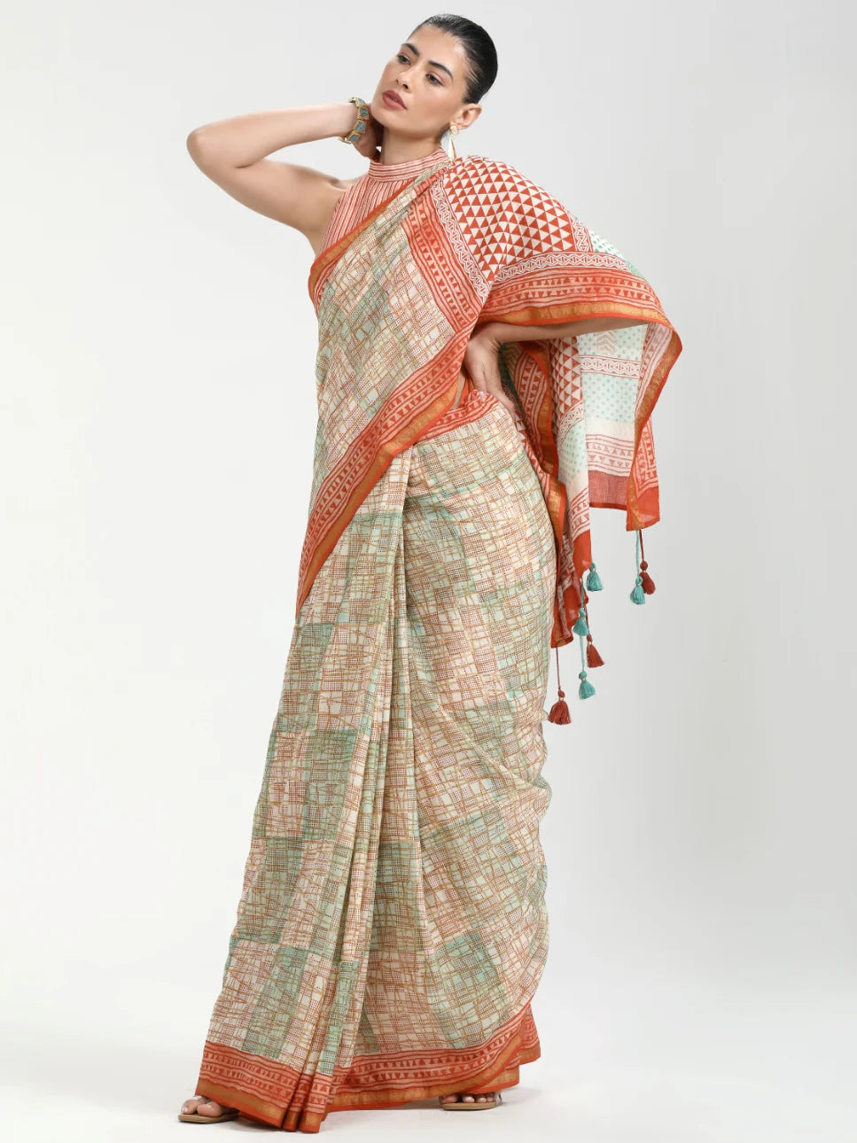 VISCOSE MUL HAND BLOCK PRINTED LIVA SAREE WITH BLOUSE