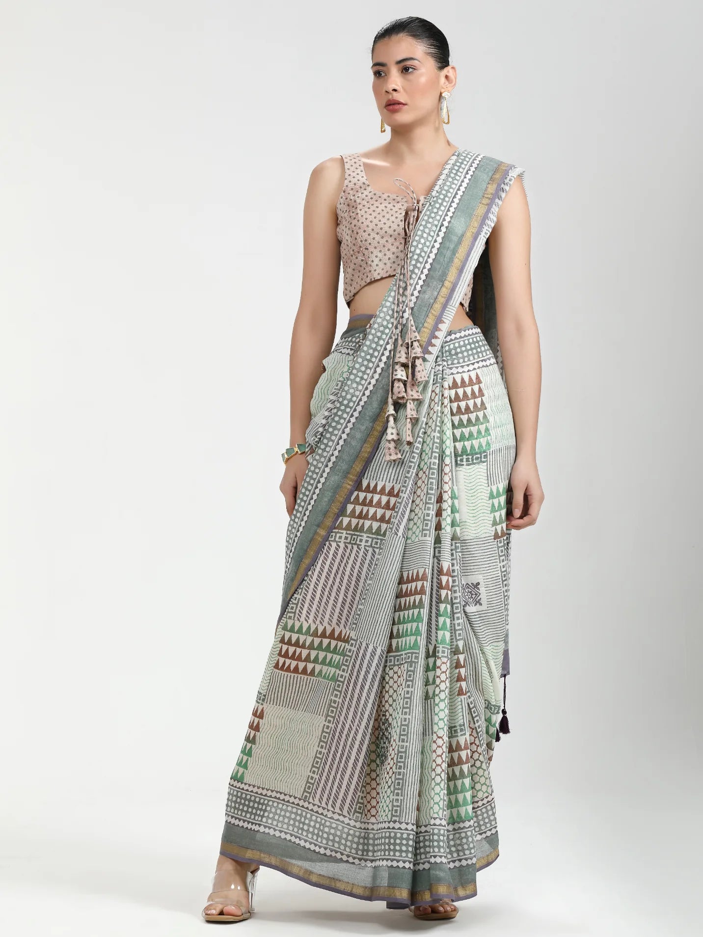 VISCOSE MUL HAND BLOCK PRINTED LIVA SAREE WITH BLOUSE