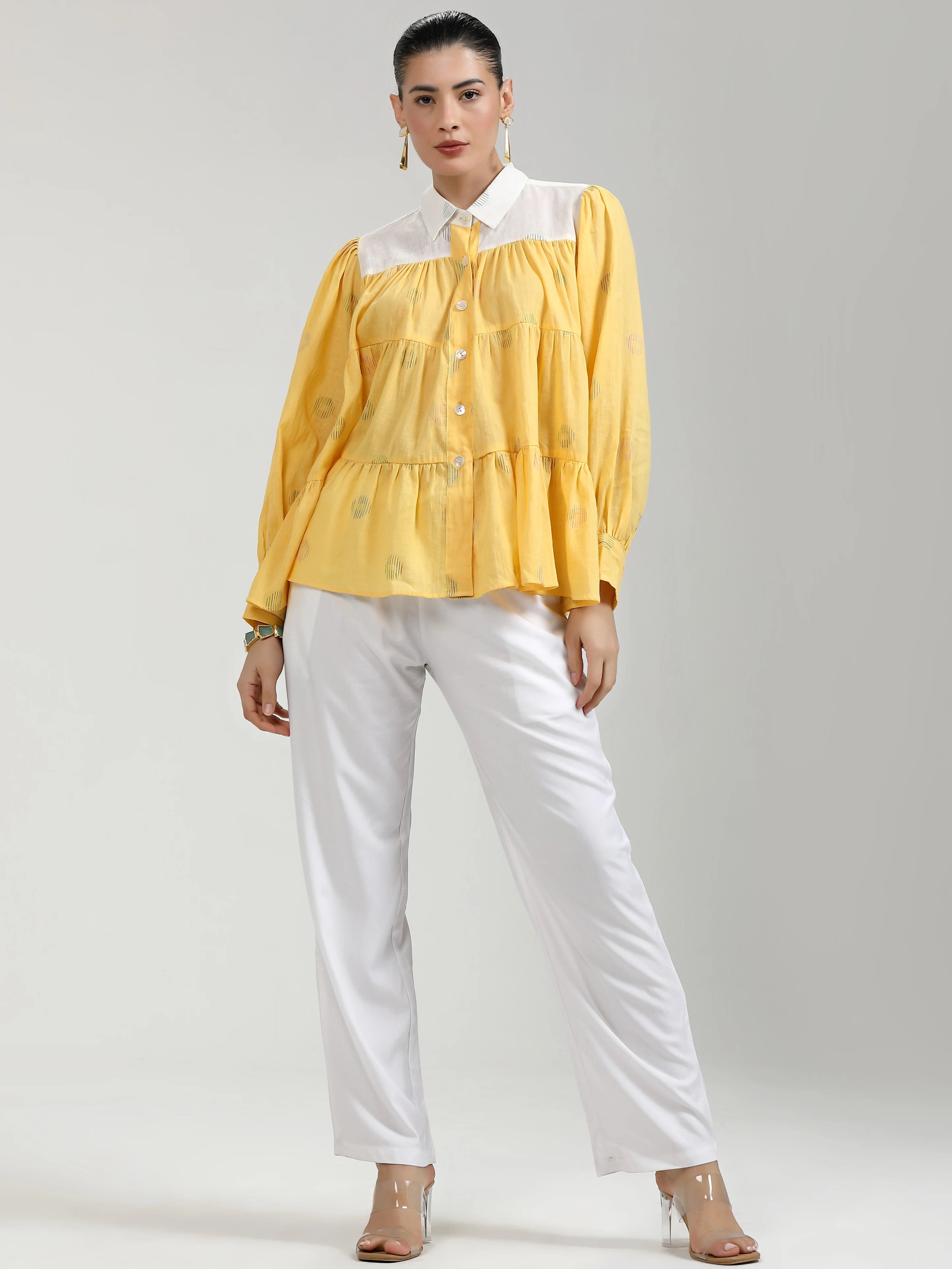 YELLOW COTTON COIN PRINTED WEAVED TOP