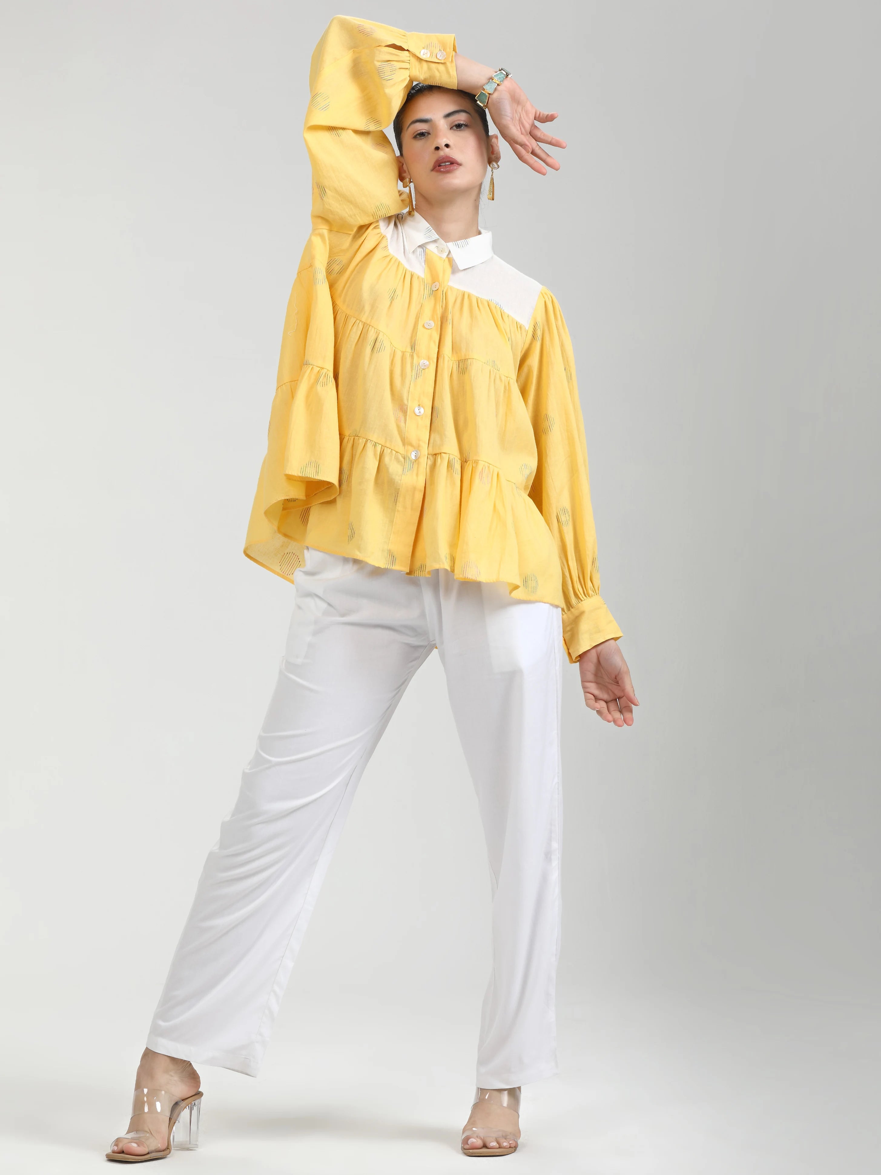 YELLOW COTTON COIN PRINTED WEAVED TOP