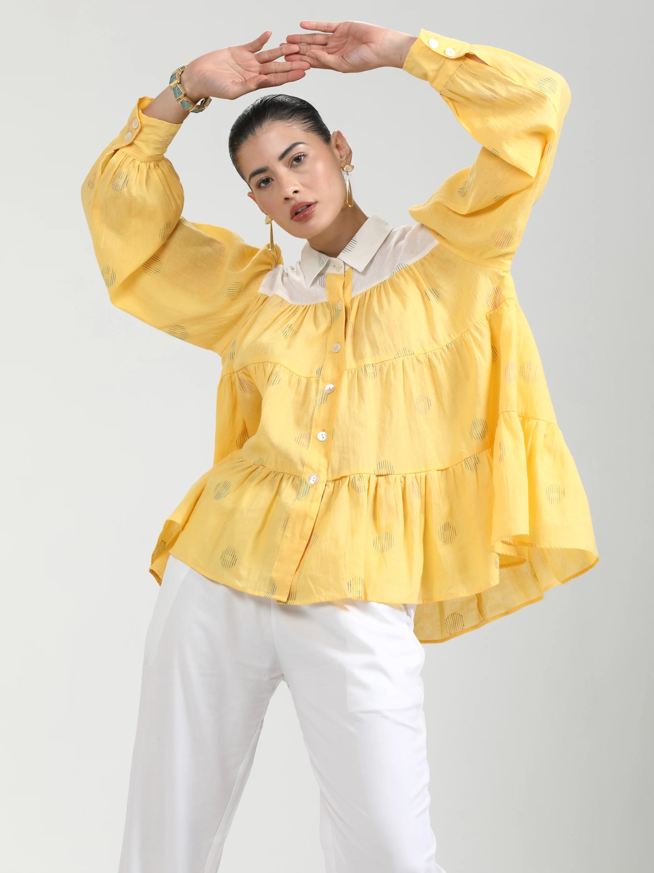 YELLOW COTTON COIN PRINTED WEAVED TOP