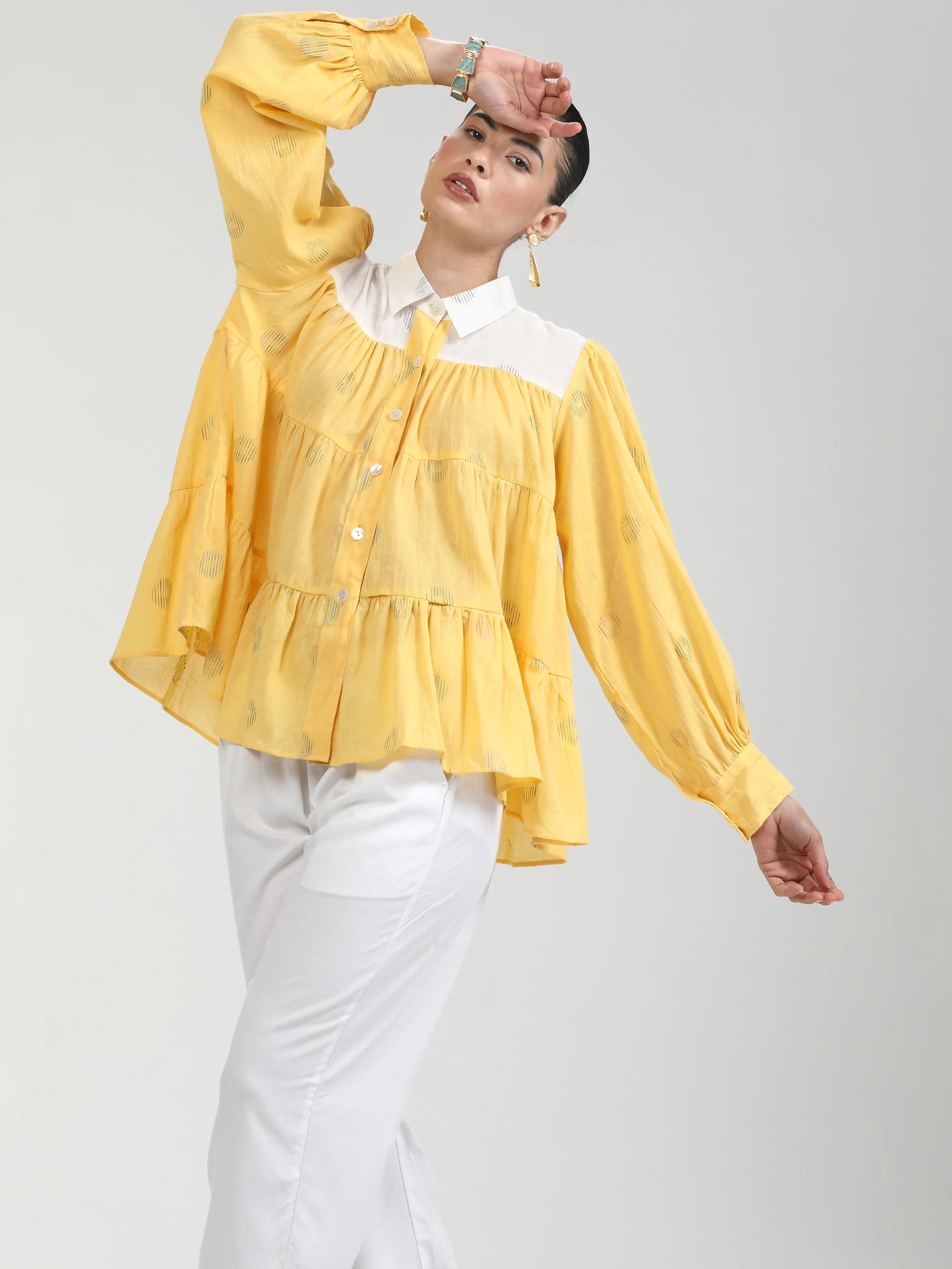 YELLOW COTTON COIN PRINTED WEAVED TOP