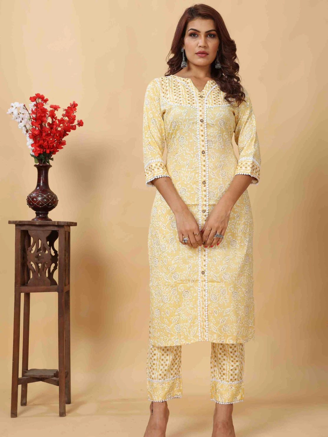 YELLOW POLY COTTON FLORAL FOIL PRINTED KURTI SET