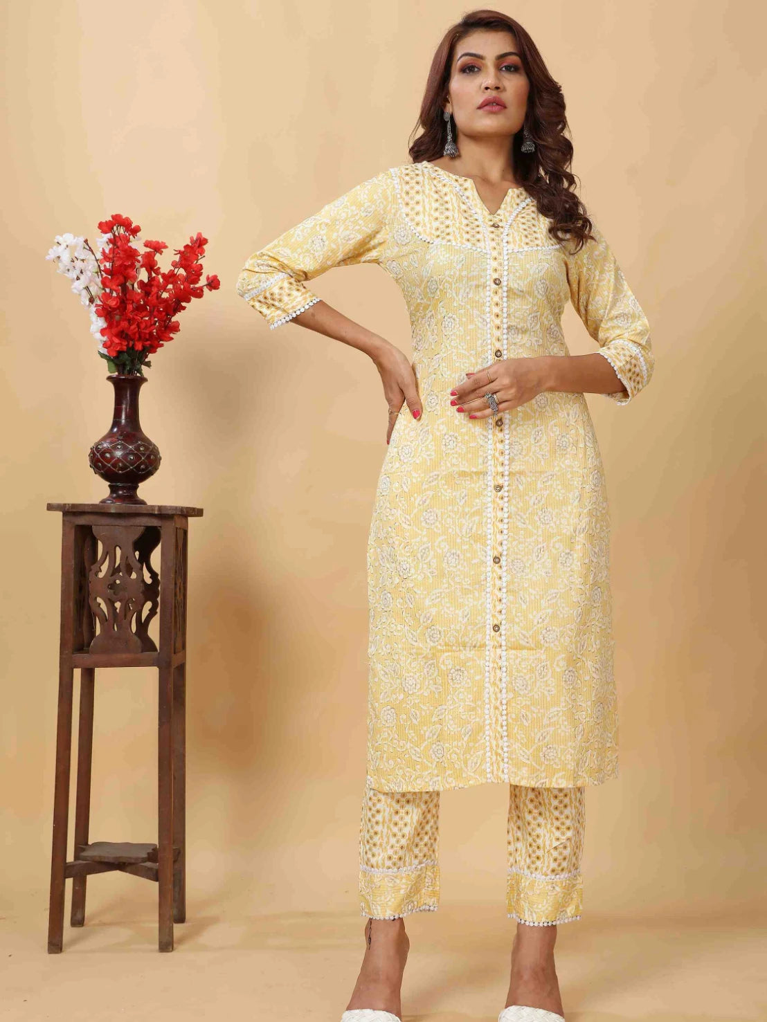 YELLOW POLY COTTON FLORAL FOIL PRINTED KURTI SET