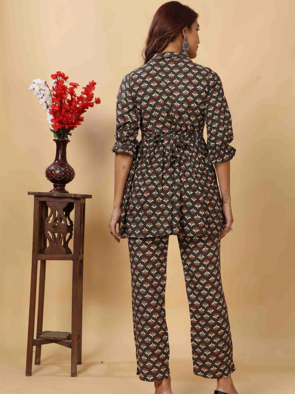 DARK GREY RAYON FLORAL PRINTED CO-ORD SET