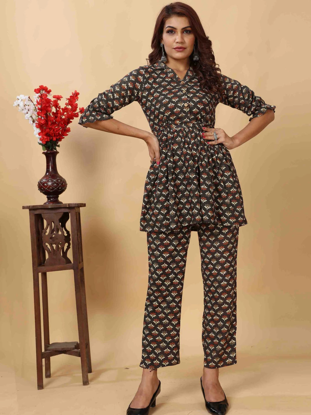 DARK GREY RAYON FLORAL PRINTED CO-ORD SET